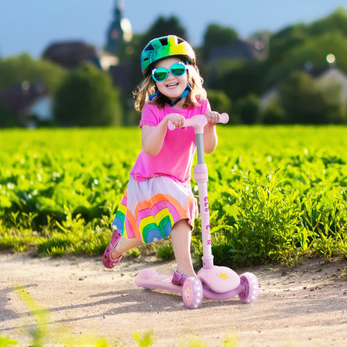 Folding Kids Scooter with Extra Wide Deck and LED Lighted PU Wheels, Purple