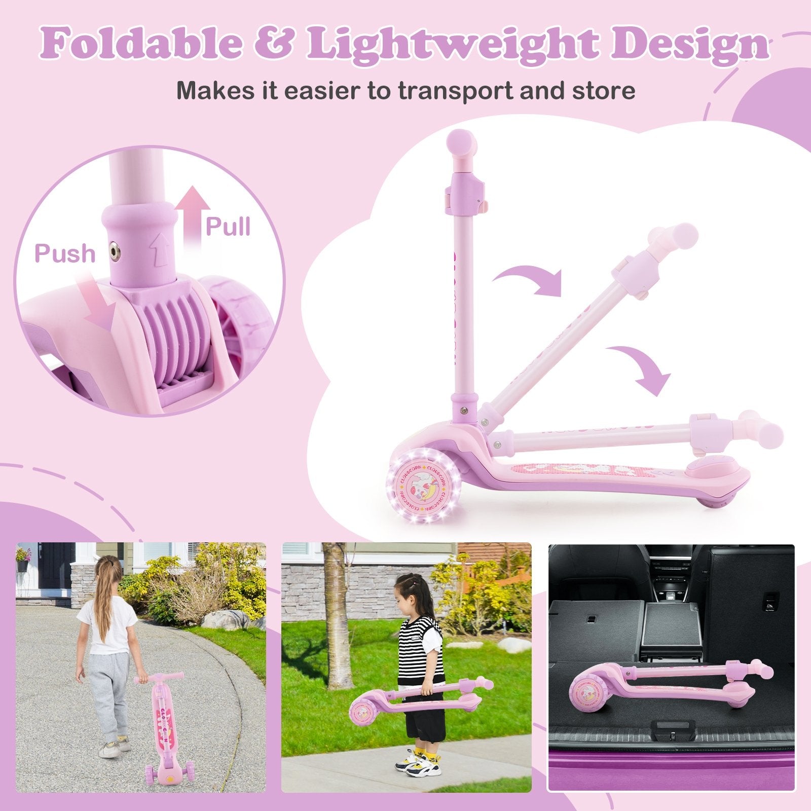 Folding Kids Scooter with Extra Wide Deck and LED Lighted PU Wheels, Purple Scooters   at Gallery Canada