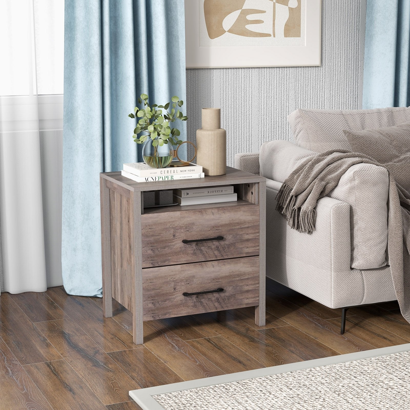 Nightstand with 2 Drawers Farmhouse Bed Side Table with Open Storage Shelf-Grey, Gray Nightstands   at Gallery Canada