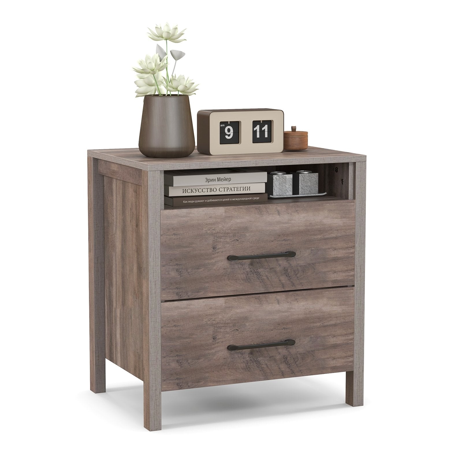 Nightstand with 2 Drawers Farmhouse Bed Side Table with Open Storage Shelf-Grey, Gray Nightstands   at Gallery Canada