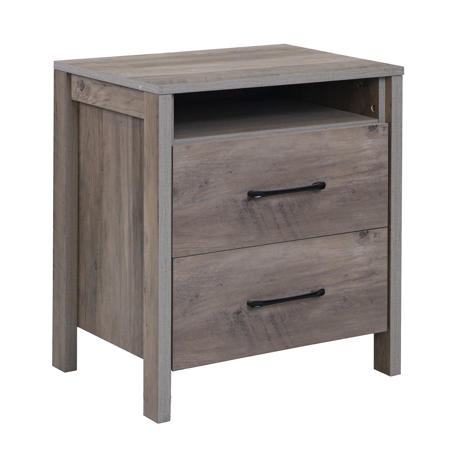 Nightstand with 2 Drawers Farmhouse Bed Side Table with Open Storage Shelf-Grey, Gray Nightstands   at Gallery Canada