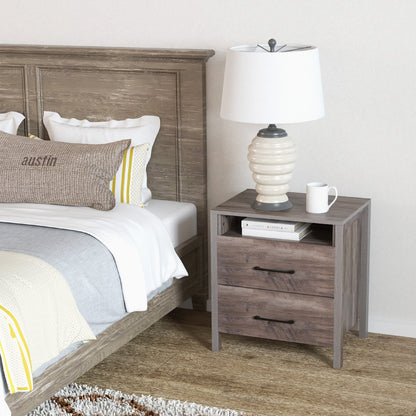 Nightstand with 2 Drawers Farmhouse Bed Side Table with Open Storage Shelf-Grey, Gray Nightstands   at Gallery Canada