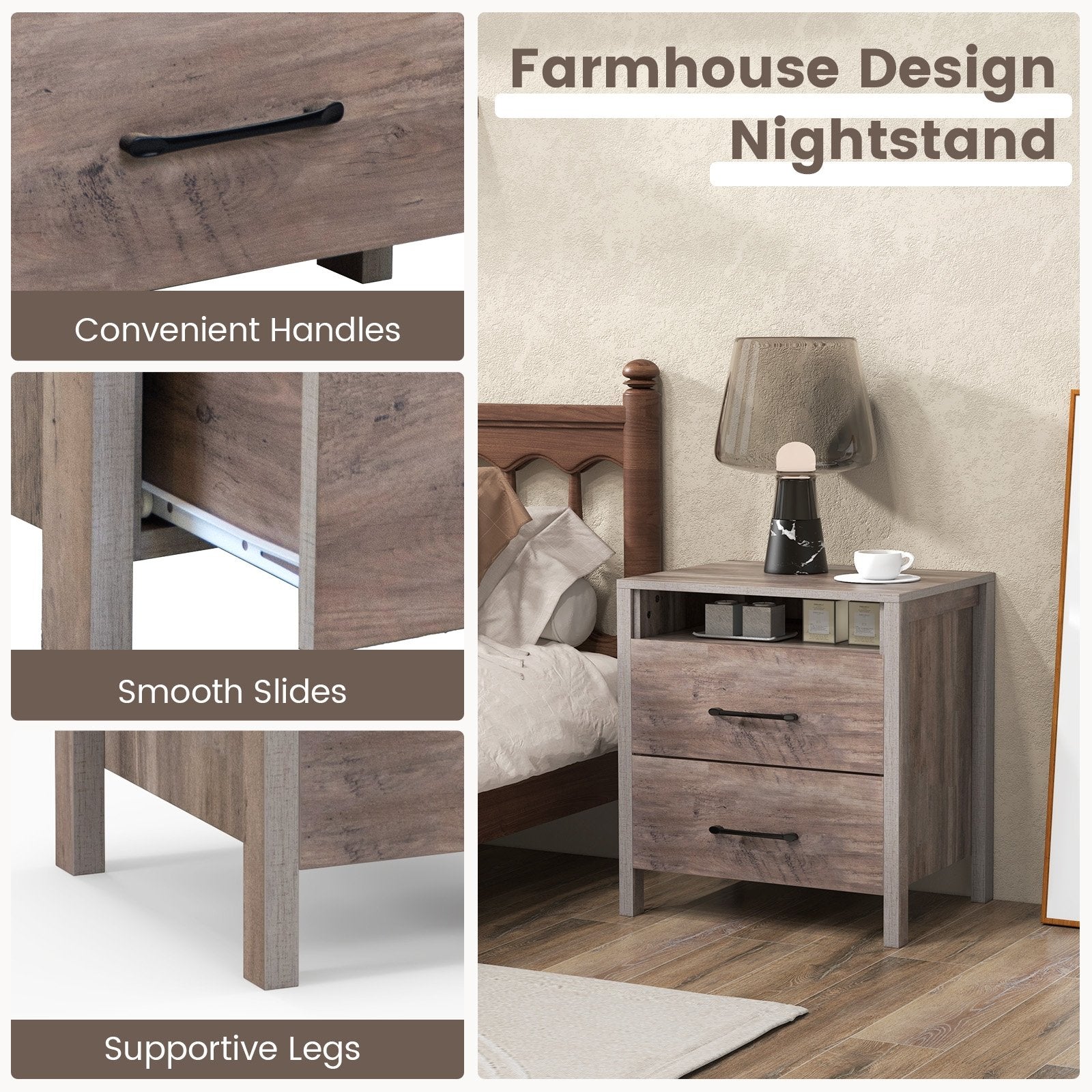 Nightstand with 2 Drawers Farmhouse Bed Side Table with Open Storage Shelf-Grey, Gray Nightstands   at Gallery Canada