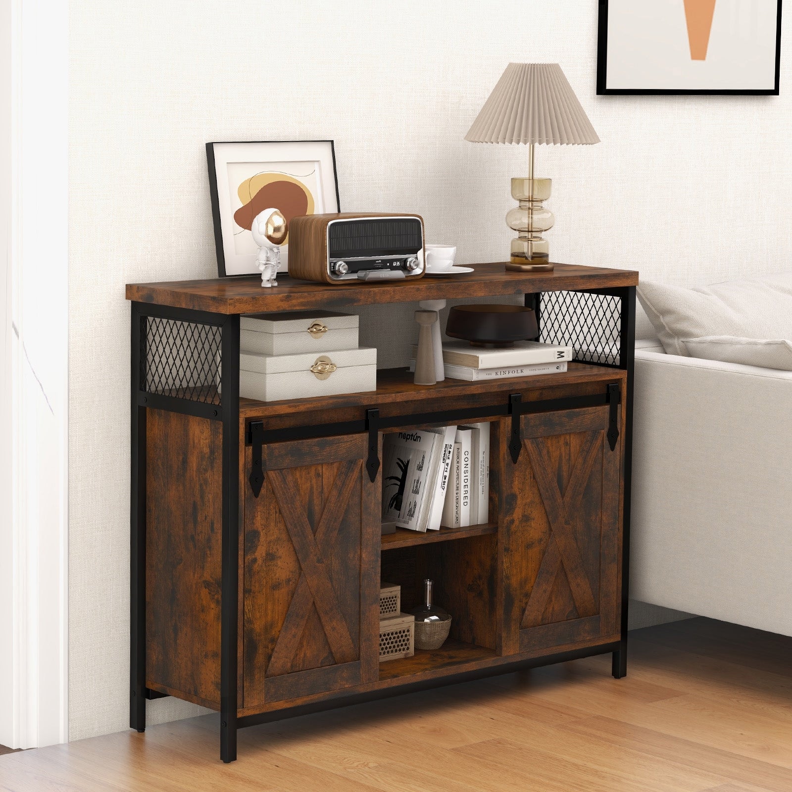 Buffet Cabinet with 3-Level Adjustable Shelves and 2 Sliding Barn Doors, Rustic Brown Sideboards Cabinets & Buffets   at Gallery Canada