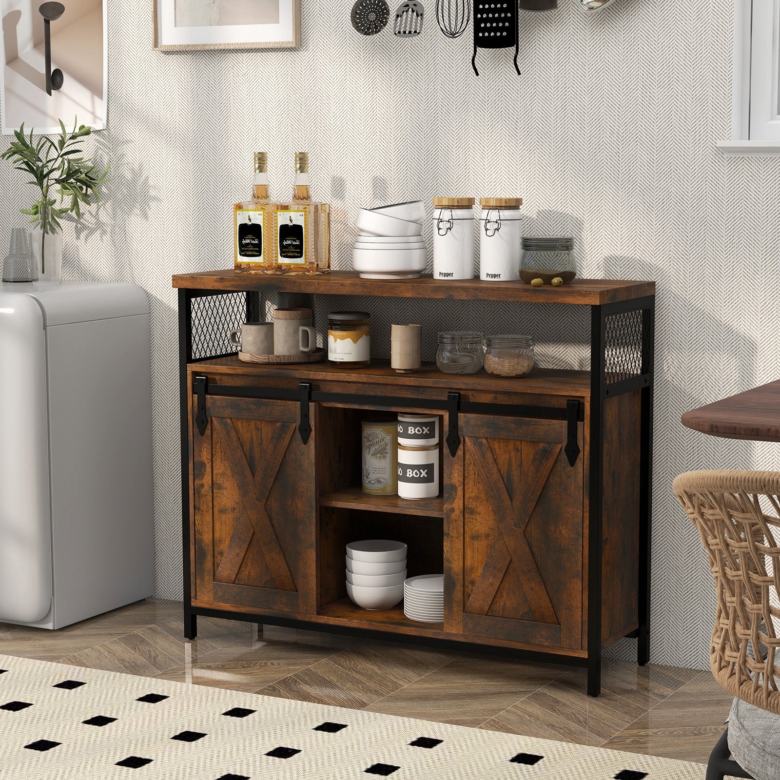 Buffet Cabinet with 3-Level Adjustable Shelves and 2 Sliding Barn Doors, Rustic Brown Sideboards Cabinets & Buffets   at Gallery Canada