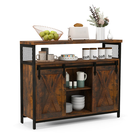 Buffet Cabinet with 3-Level Adjustable Shelves and 2 Sliding Barn Doors, Rustic Brown Sideboards Cabinets & Buffets Rustic Brown  at Gallery Canada