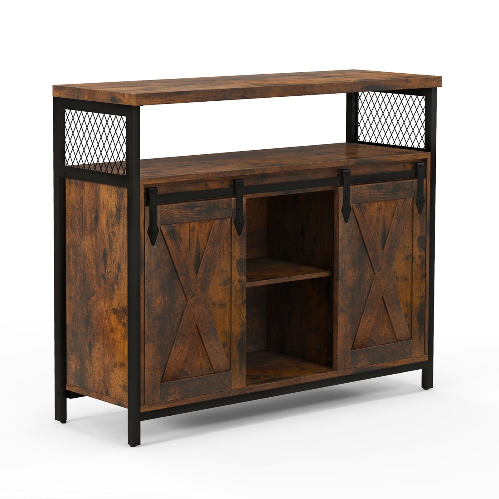 Buffet Cabinet with 3-Level Adjustable Shelves and 2 Sliding Barn Doors, Rustic Brown Sideboards Cabinets & Buffets   at Gallery Canada