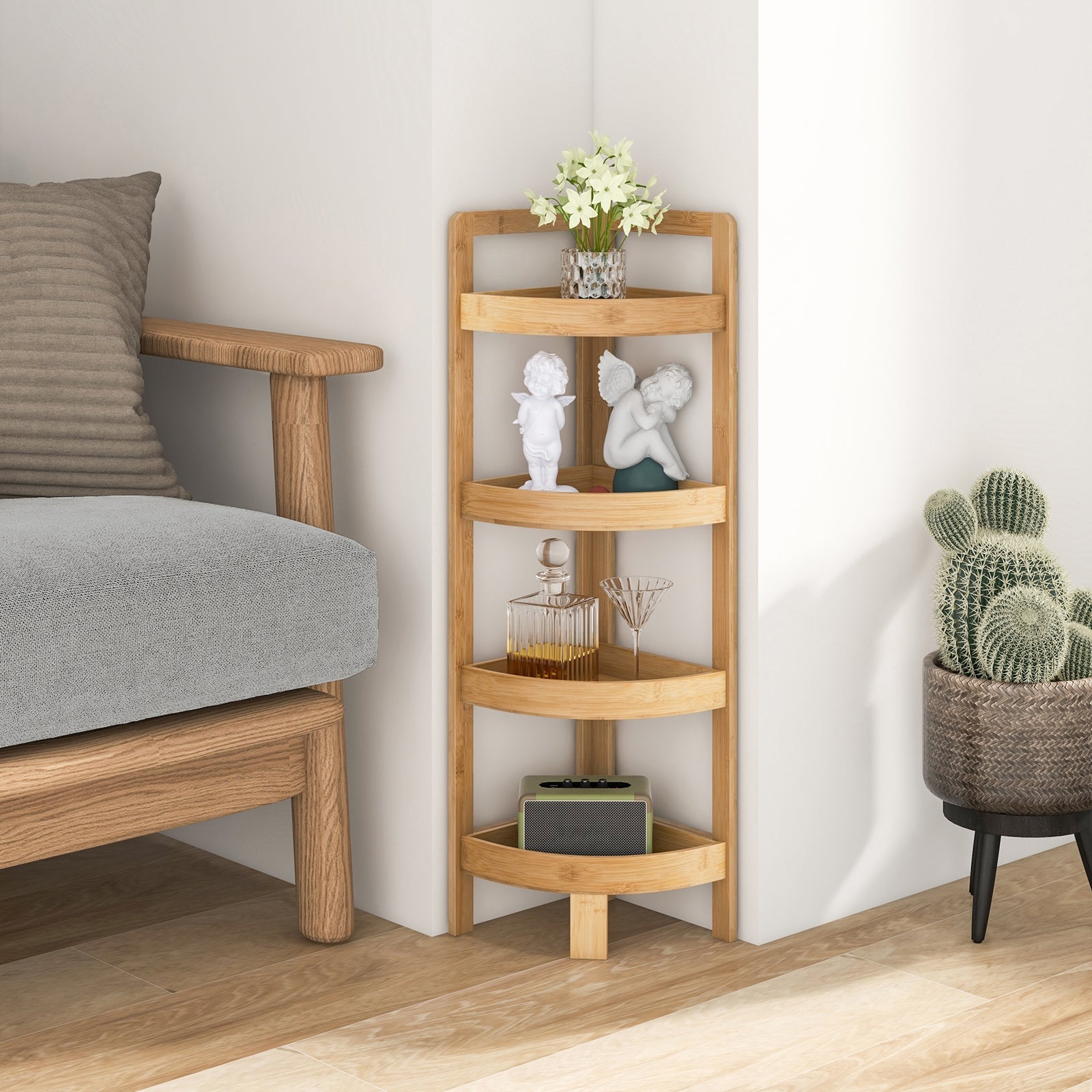 4 Tier Bamboo Corner Shelf Corner Freestanding Storage Organizer Shelving Unit for Bathroom, Natural Floor Cabinets   at Gallery Canada