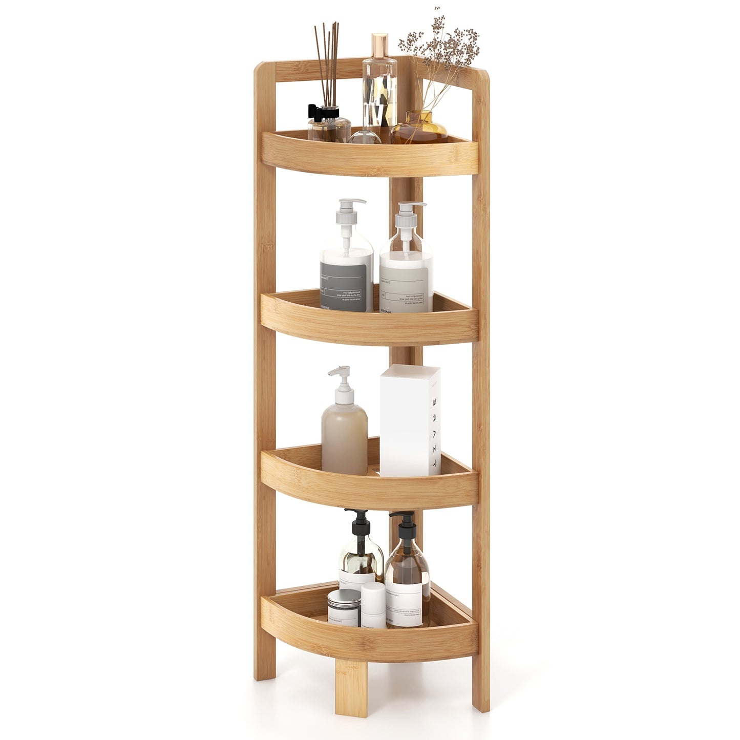 4 Tier Bamboo Corner Shelf Corner Freestanding Storage Organizer Shelving Unit for Bathroom, Natural Floor Cabinets   at Gallery Canada