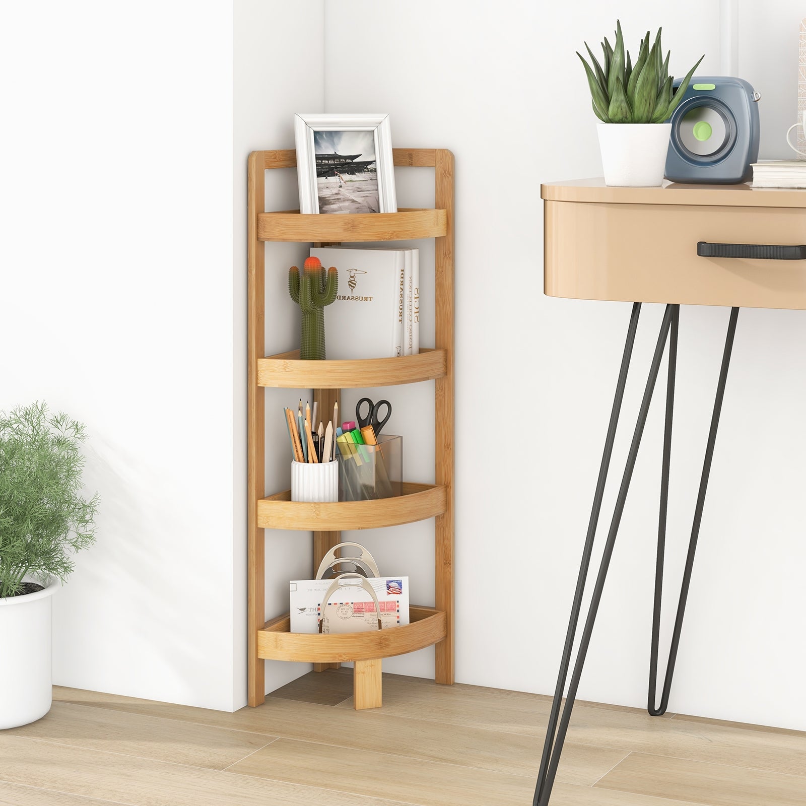 4 Tier Bamboo Corner Shelf Corner Freestanding Storage Organizer Shelving Unit for Bathroom, Natural Floor Cabinets   at Gallery Canada