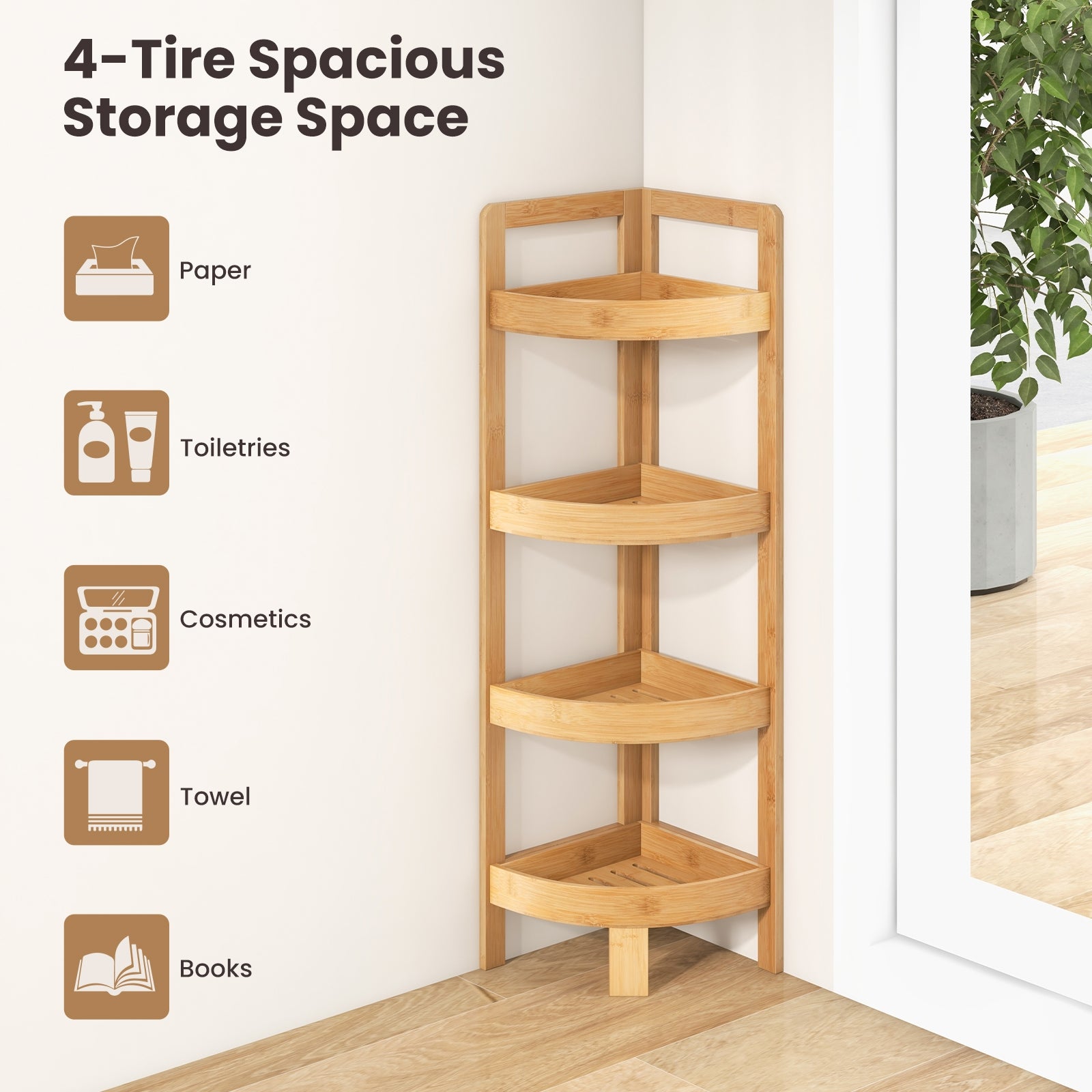 4 Tier Bamboo Corner Shelf Corner Freestanding Storage Organizer Shelving Unit for Bathroom, Natural Floor Cabinets   at Gallery Canada