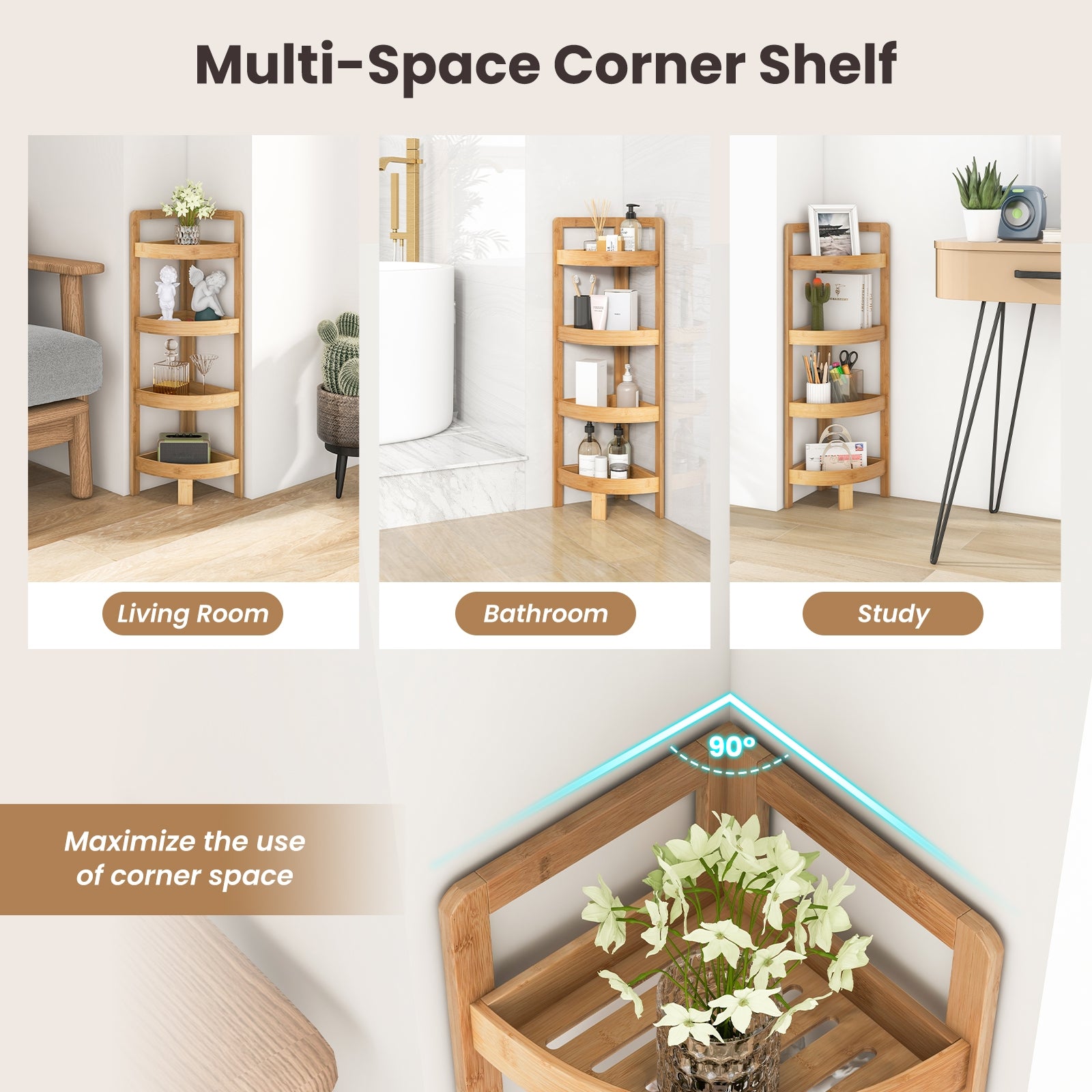 4 Tier Bamboo Corner Shelf Corner Freestanding Storage Organizer Shelving Unit for Bathroom, Natural Floor Cabinets   at Gallery Canada