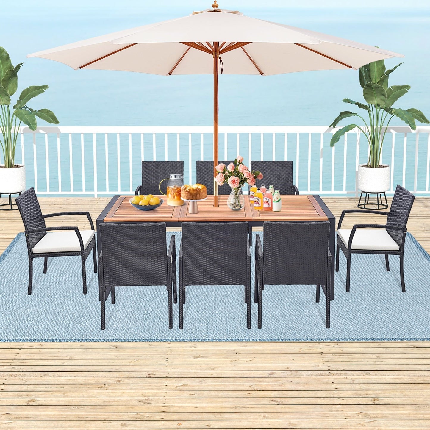 9 Pieces  Patio Rattan Dining Set with Acacia Wood Table for Backyard  Garden-L-shaped Handrail Patio Furniture Sets   at Gallery Canada