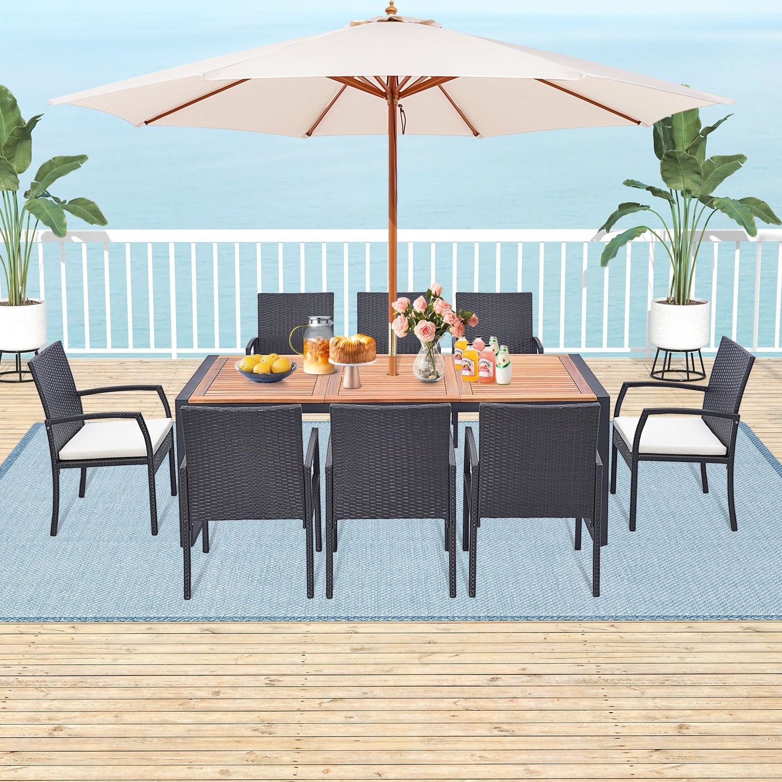 9 Pieces  Patio Rattan Dining Set with Acacia Wood Table for Backyard  Garden-L-shaped Handrail Patio Furniture Sets   at Gallery Canada