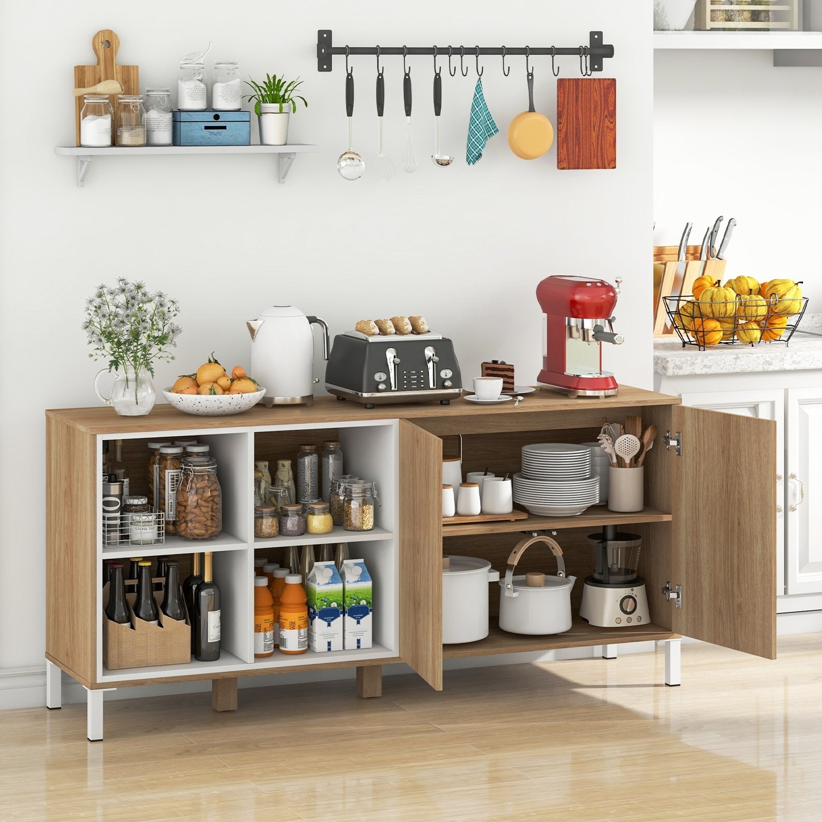 63 Inches Buffet Sideboard with 4 Compartments and Push-to-Open Cabinet, Natural Sideboards Cabinets & Buffets   at Gallery Canada