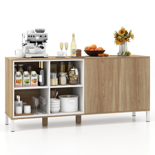 63 Inches Buffet Sideboard with 4 Compartments and Push-to-Open Cabinet, Natural - Gallery Canada