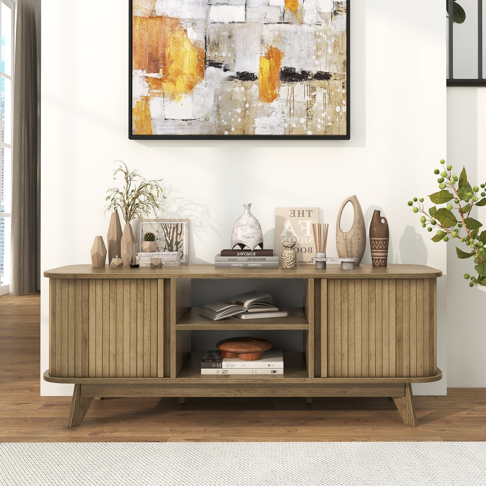 TV Stand for 55-Inch TV Media Console Table with Dual Sliding Doors, Oak Entertainment Centers & TV Stands   at Gallery Canada