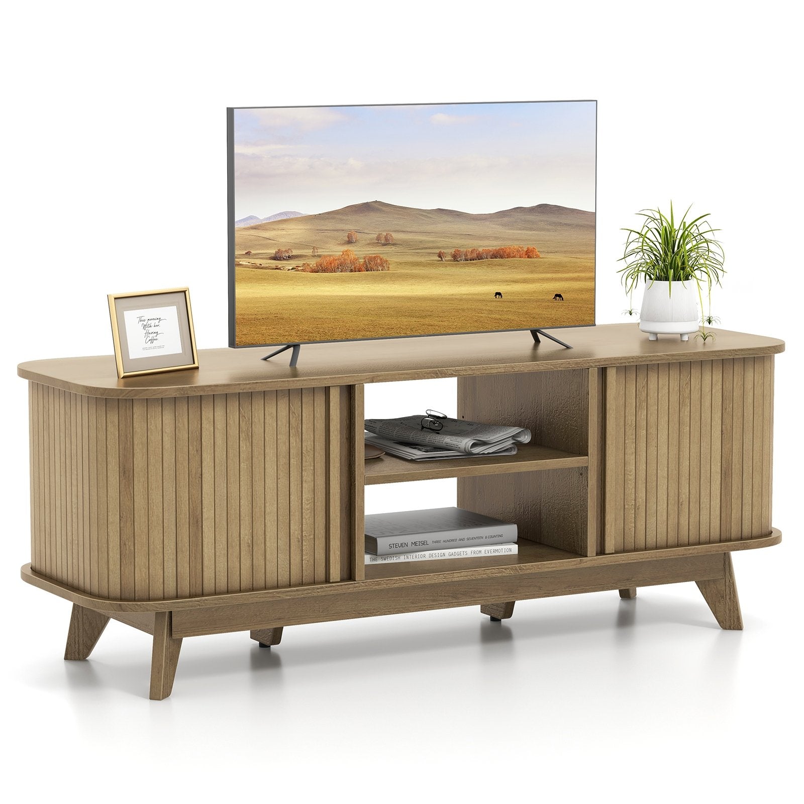 TV Stand for 55-Inch TV Media Console Table with Dual Sliding Doors, Oak Entertainment Centers & TV Stands   at Gallery Canada