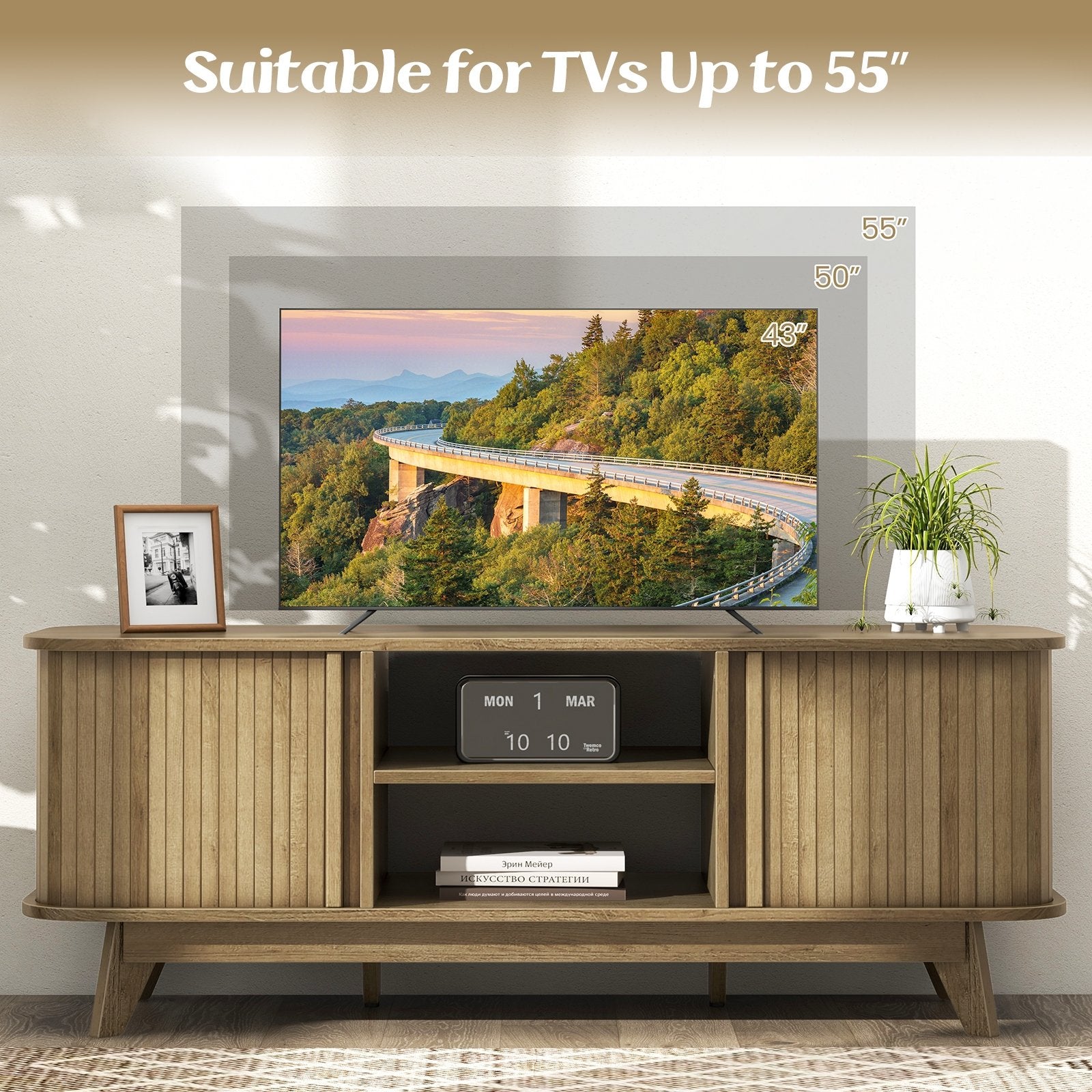 TV Stand for 55-Inch TV Media Console Table with Dual Sliding Doors, Oak Entertainment Centers & TV Stands   at Gallery Canada