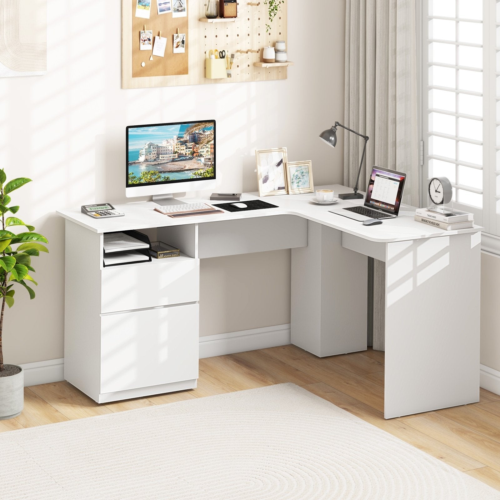 L-Shaped Computer Desk with Letter File Drawer, White L-Shaped Desks   at Gallery Canada