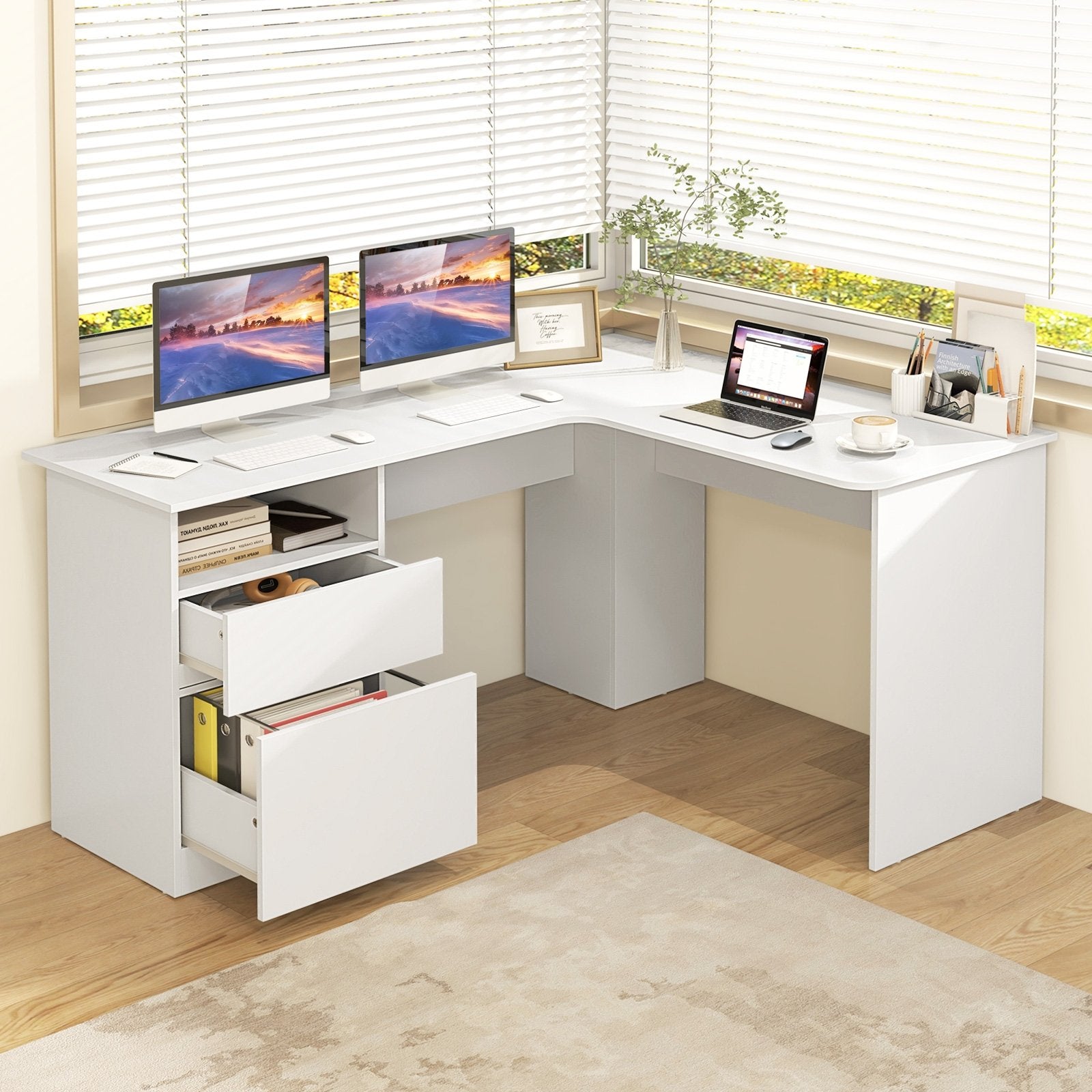 L-Shaped Computer Desk with Letter File Drawer, White L-Shaped Desks   at Gallery Canada