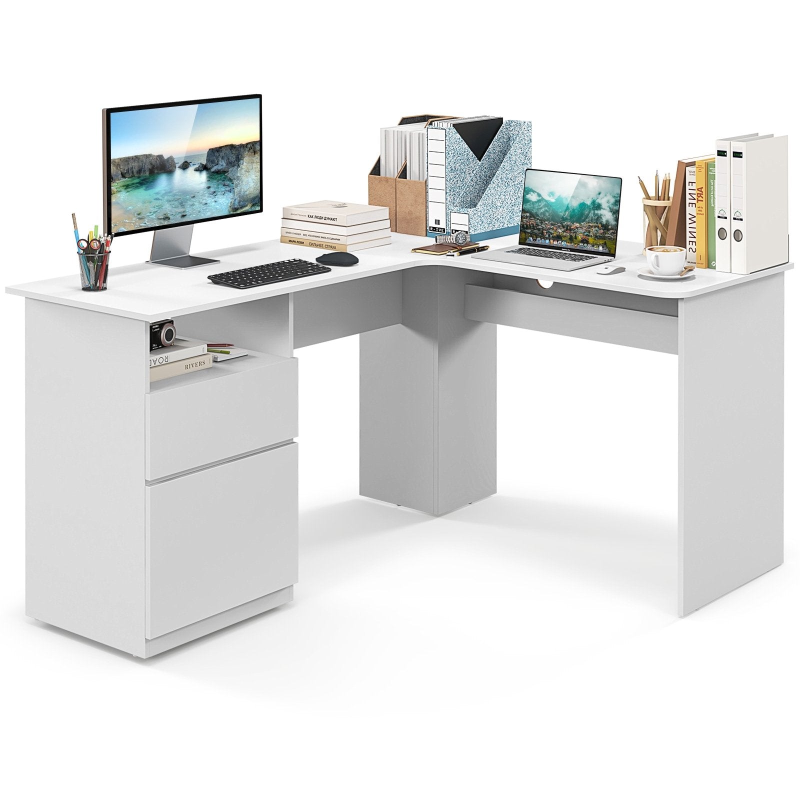 L-Shaped Computer Desk with Letter File Drawer, White L-Shaped Desks   at Gallery Canada