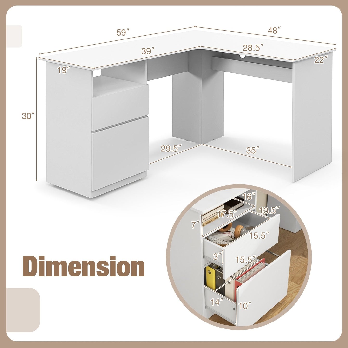 L-Shaped Computer Desk with Letter File Drawer, White L-Shaped Desks   at Gallery Canada