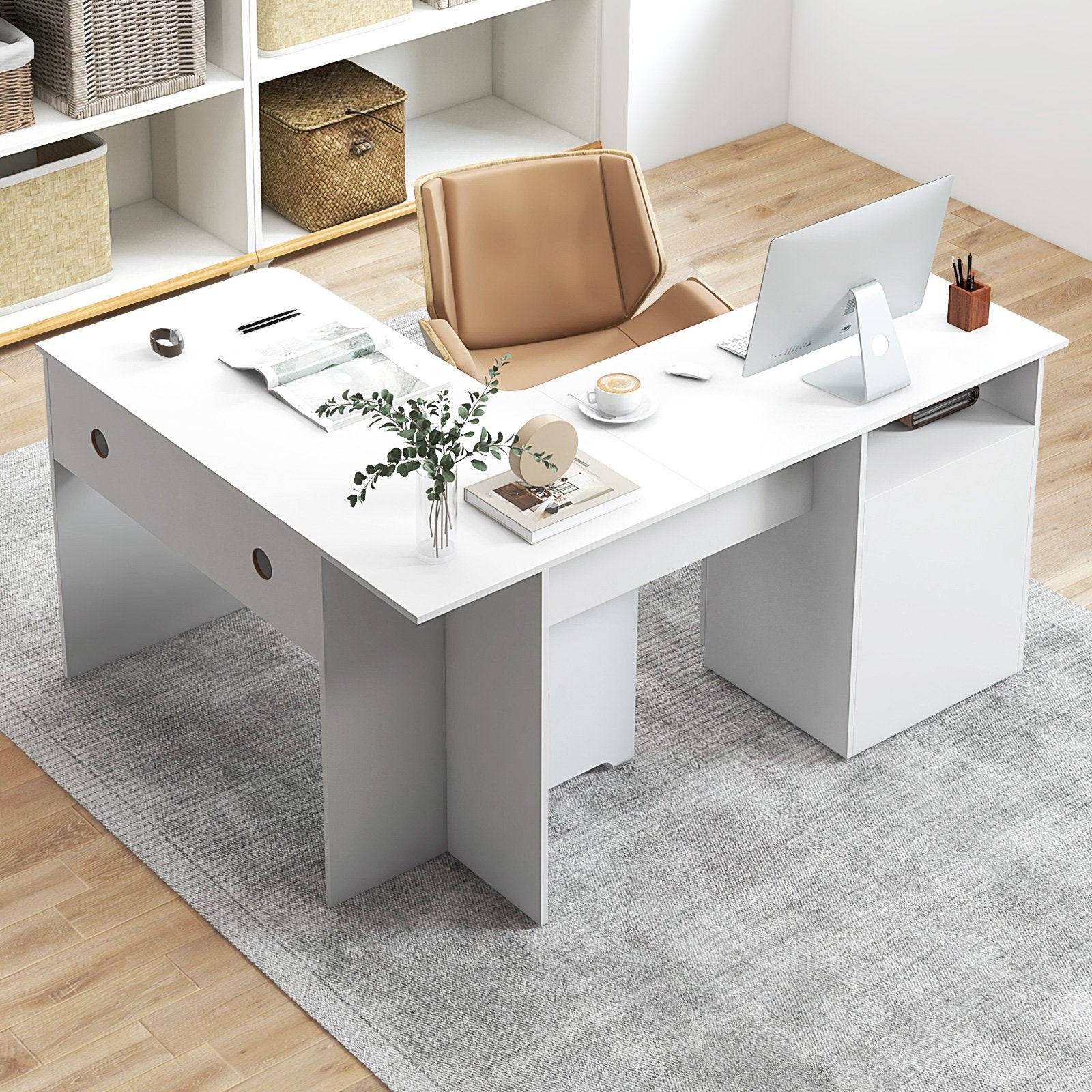 L-Shaped Computer Desk with Letter File Drawer, White L-Shaped Desks   at Gallery Canada