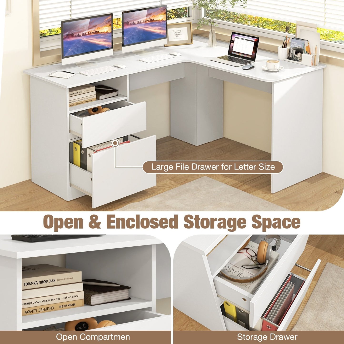 L-Shaped Computer Desk with Letter File Drawer, White L-Shaped Desks   at Gallery Canada