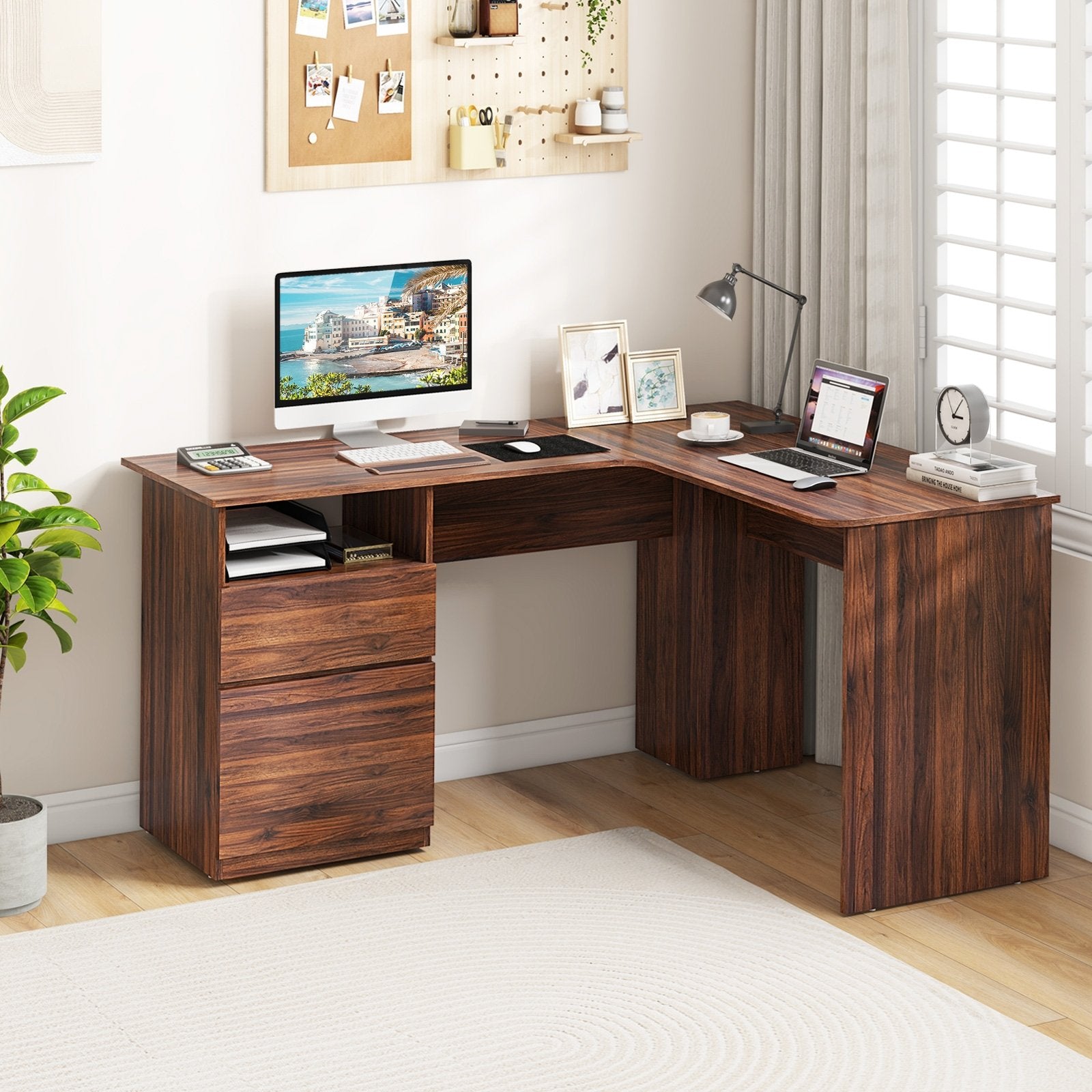 L-Shaped Computer Desk with Letter File Drawer, Walnut L-Shaped Desks   at Gallery Canada