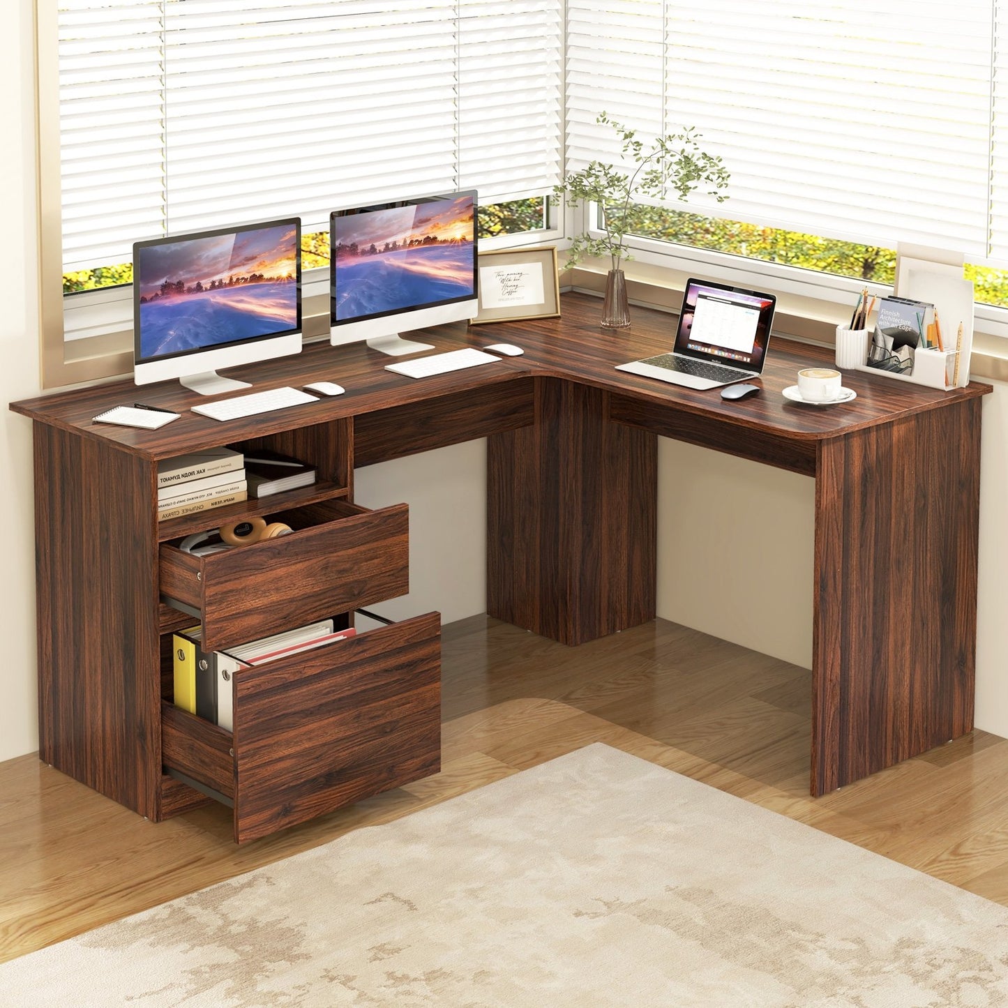 L-Shaped Computer Desk with Letter File Drawer, Walnut L-Shaped Desks   at Gallery Canada