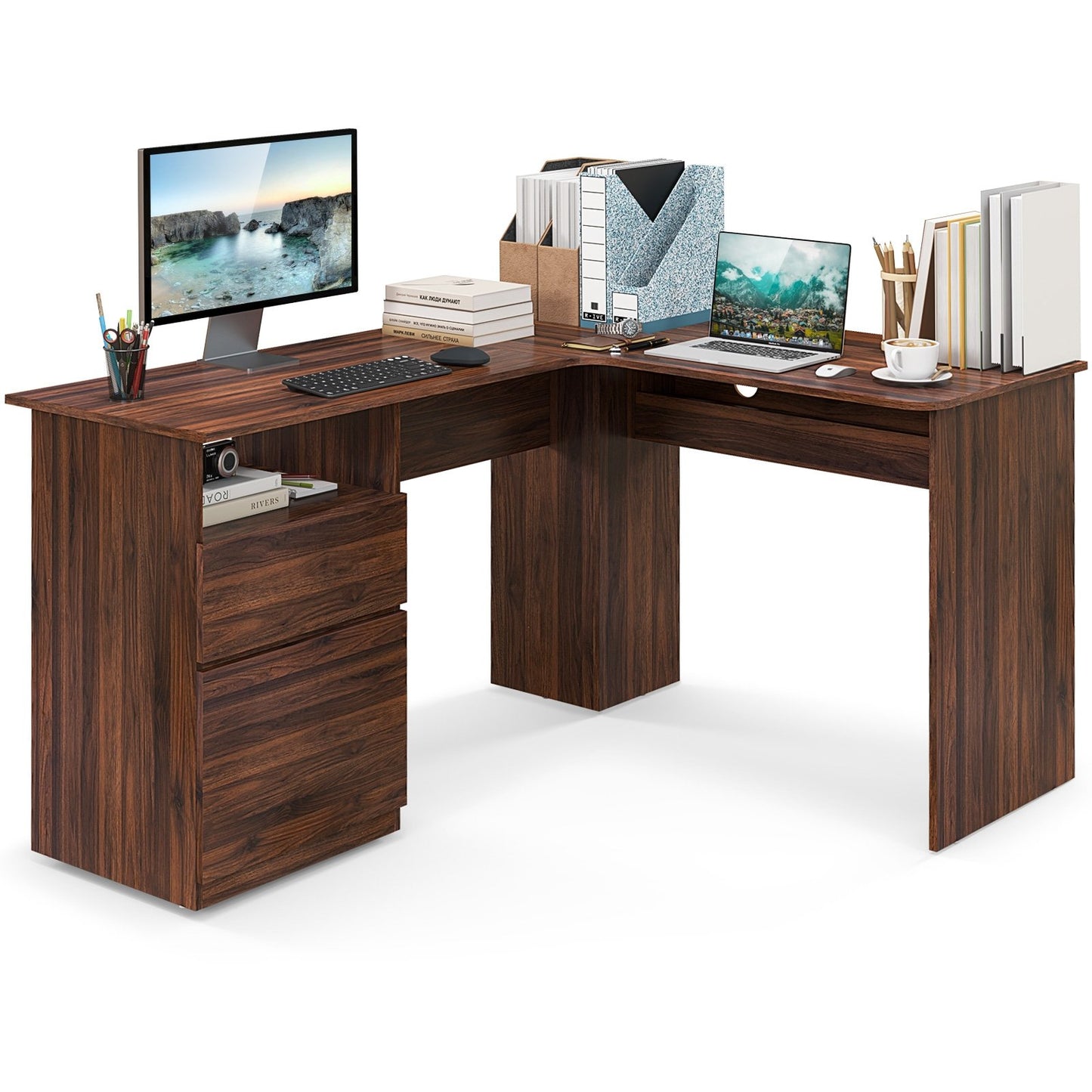 L-Shaped Computer Desk with Letter File Drawer, Walnut L-Shaped Desks   at Gallery Canada