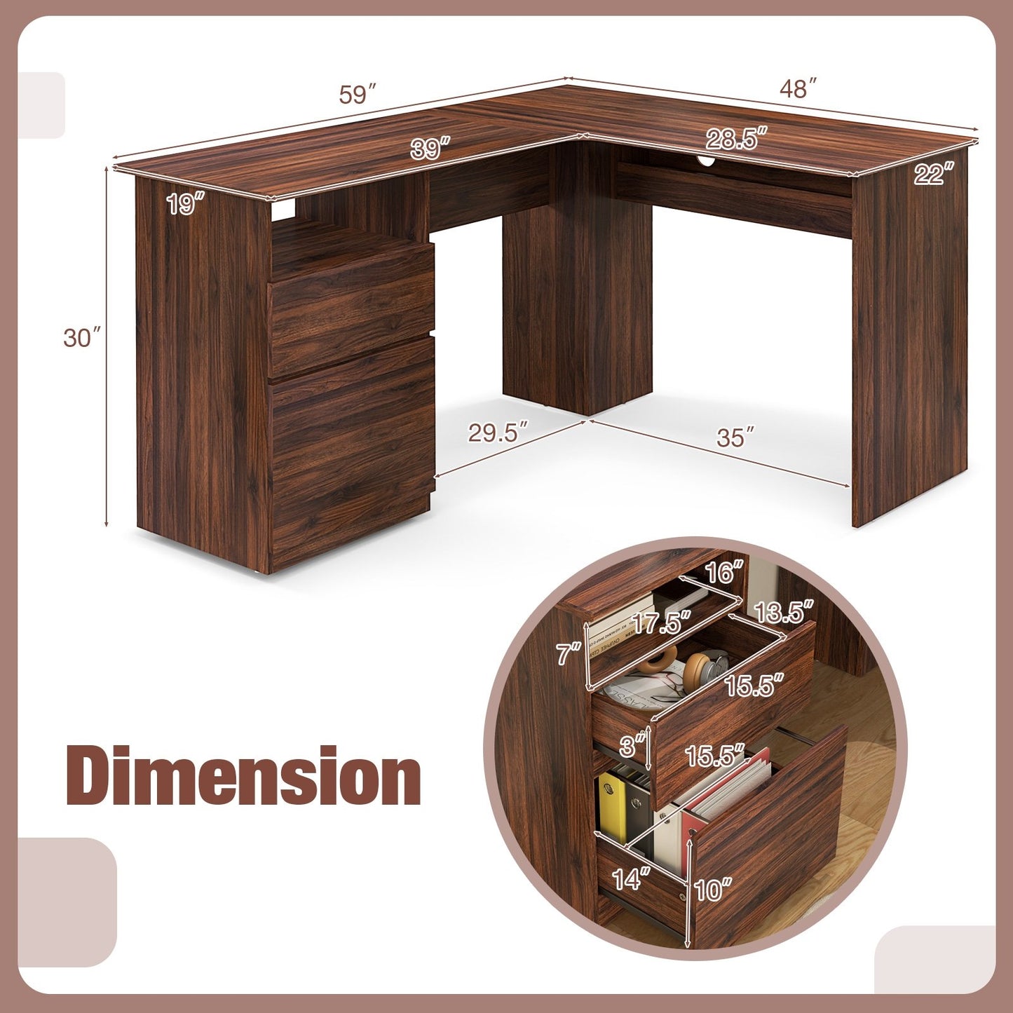 L-Shaped Computer Desk with Letter File Drawer, Walnut L-Shaped Desks   at Gallery Canada