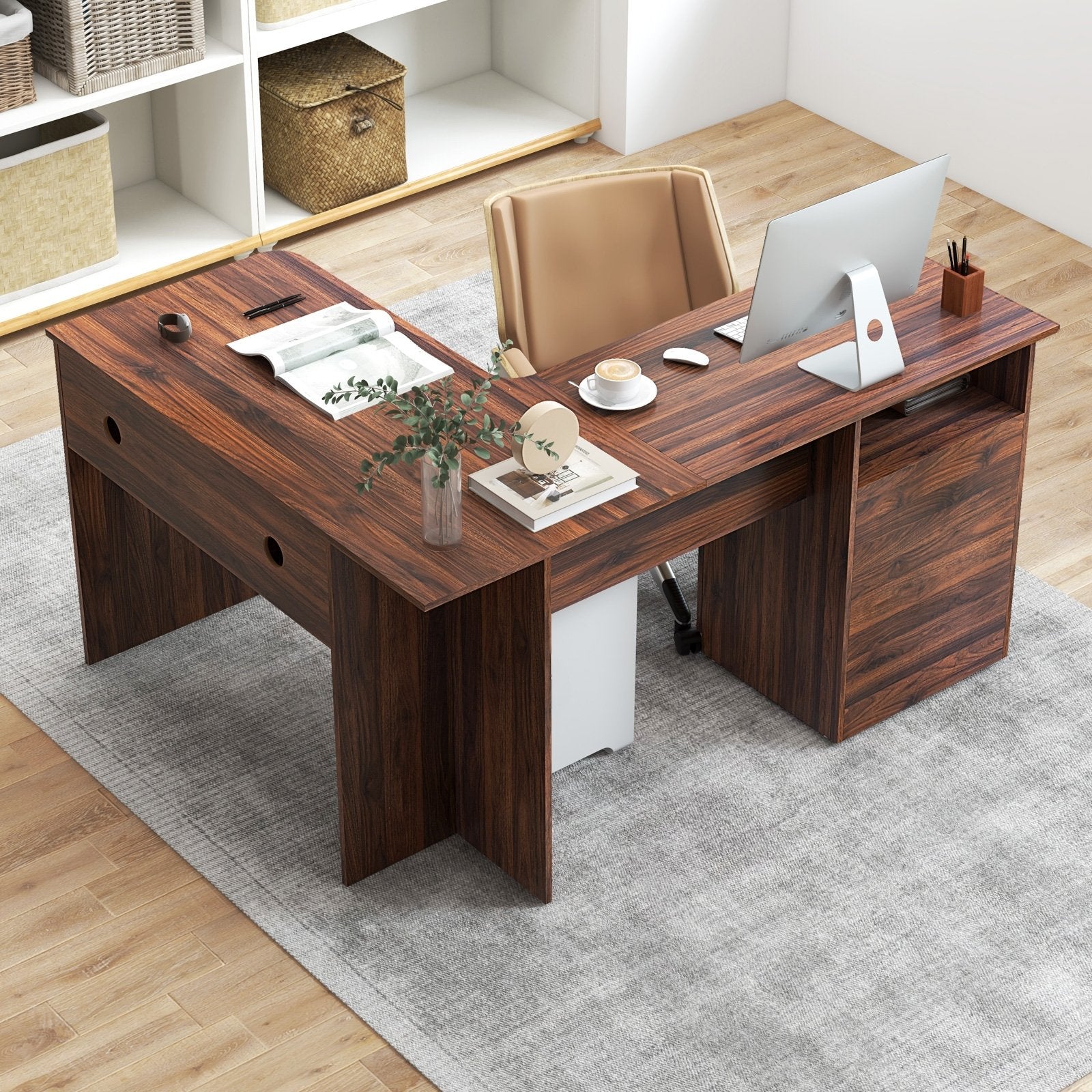 L-Shaped Computer Desk with Letter File Drawer, Walnut L-Shaped Desks   at Gallery Canada