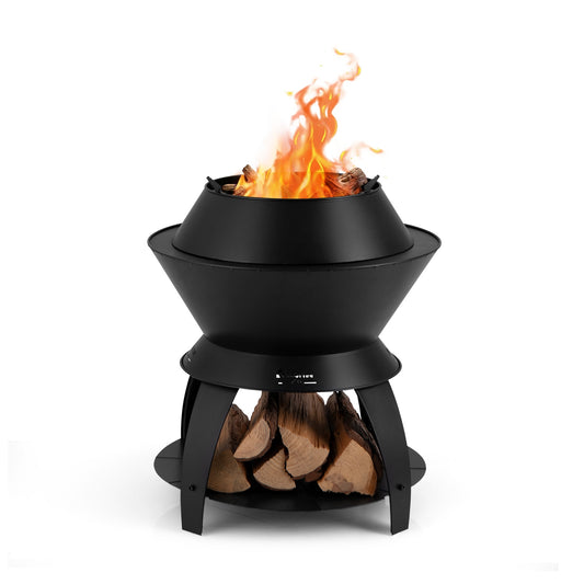 20 Inch Patio Fire Pit Metal Camping Fire Bowl with Pot Holder and Storage Shelf, Black - Gallery Canada