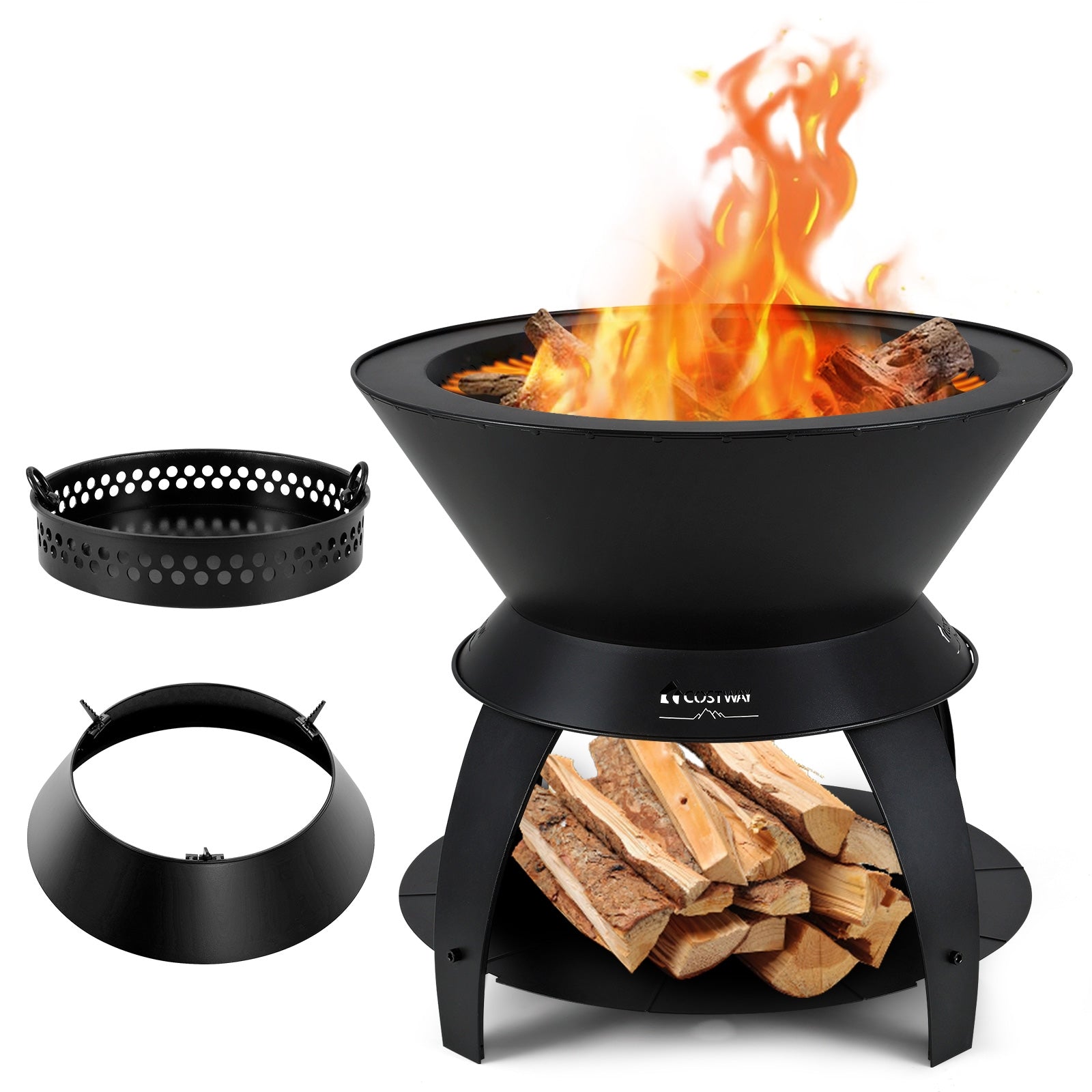 20 Inch Patio Fire Pit Metal Camping Fire Bowl with Pot Holder and Storage Shelf, Black Fire Pits at Gallery Canada
