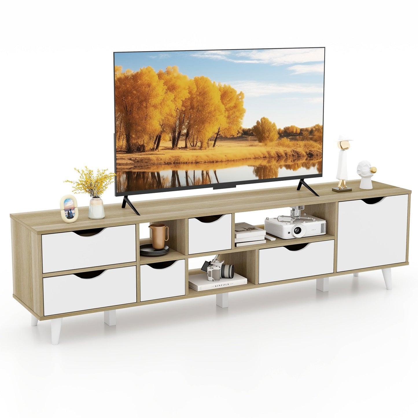 TV Stand for TVs up to 65” Television Cabinet w/ 5 Drawers & 3 Open Shelves, Oak Entertainment Centers & TV Stands   at Gallery Canada