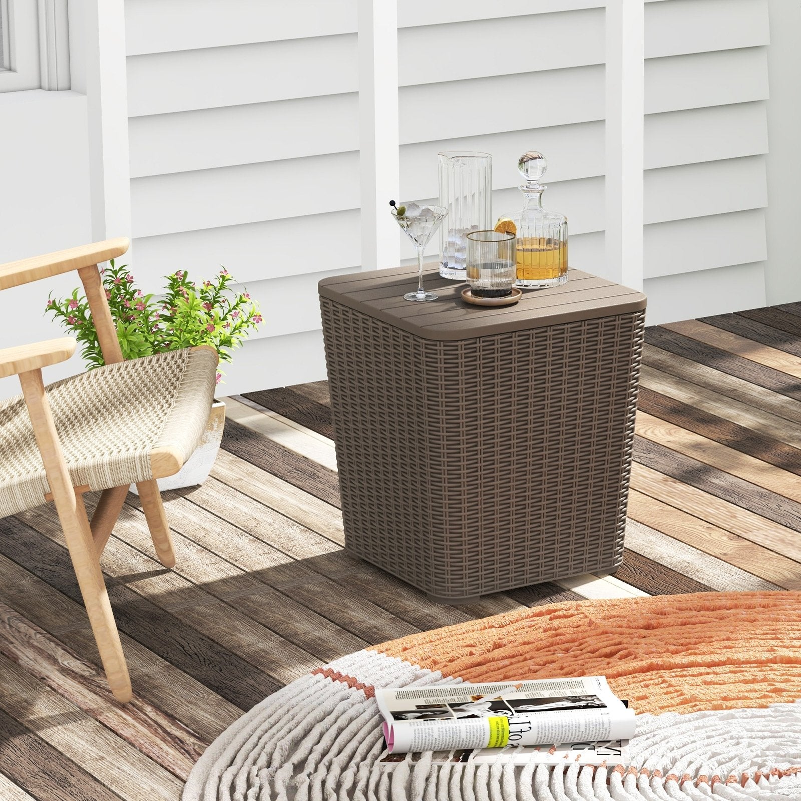 Outdoor Resin Storage Side Table with Removable Lid and Wicker-woven Accent, Coffee Coffee Tables   at Gallery Canada