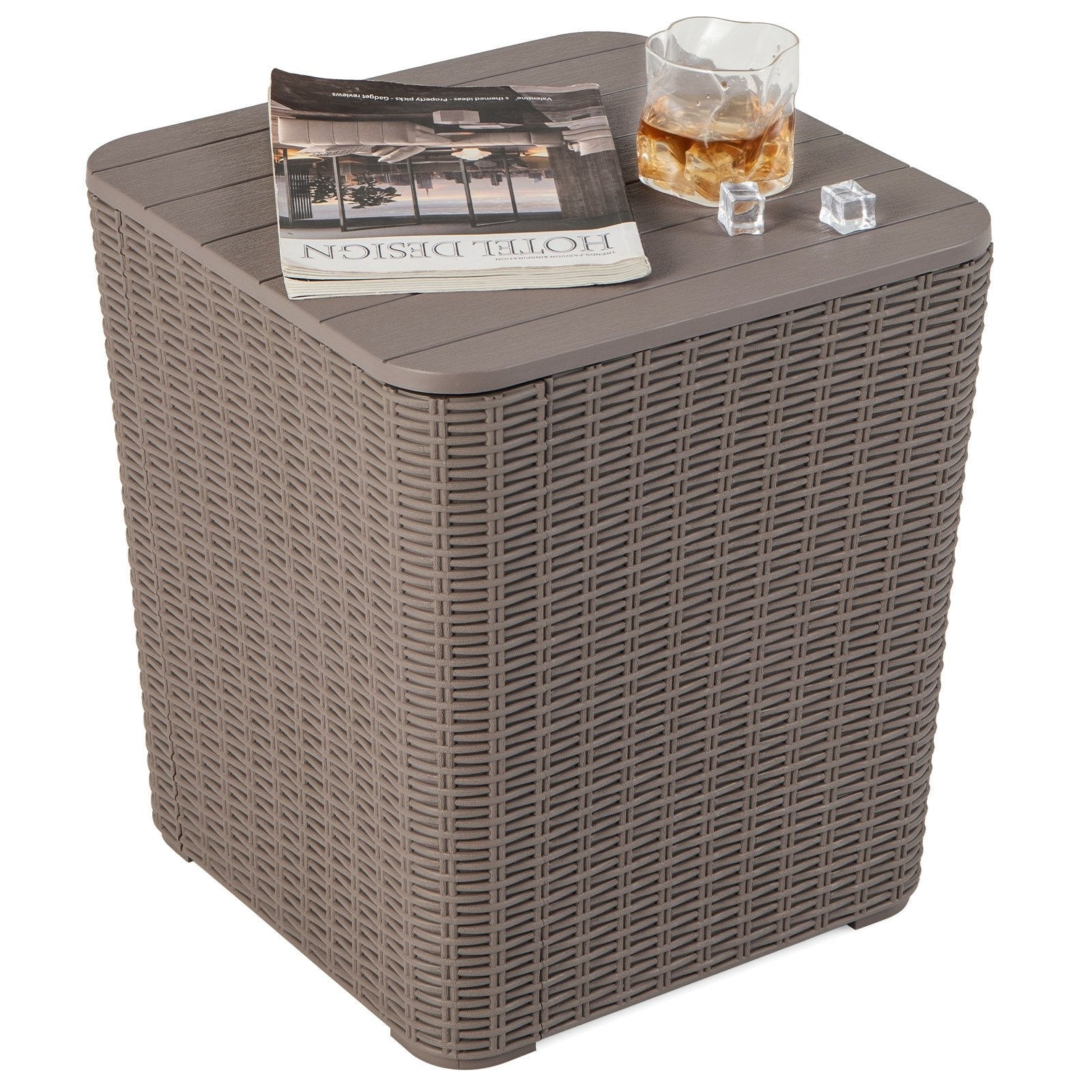 Outdoor Resin Storage Side Table with Removable Lid and Wicker-woven Accent, Coffee Coffee Tables   at Gallery Canada