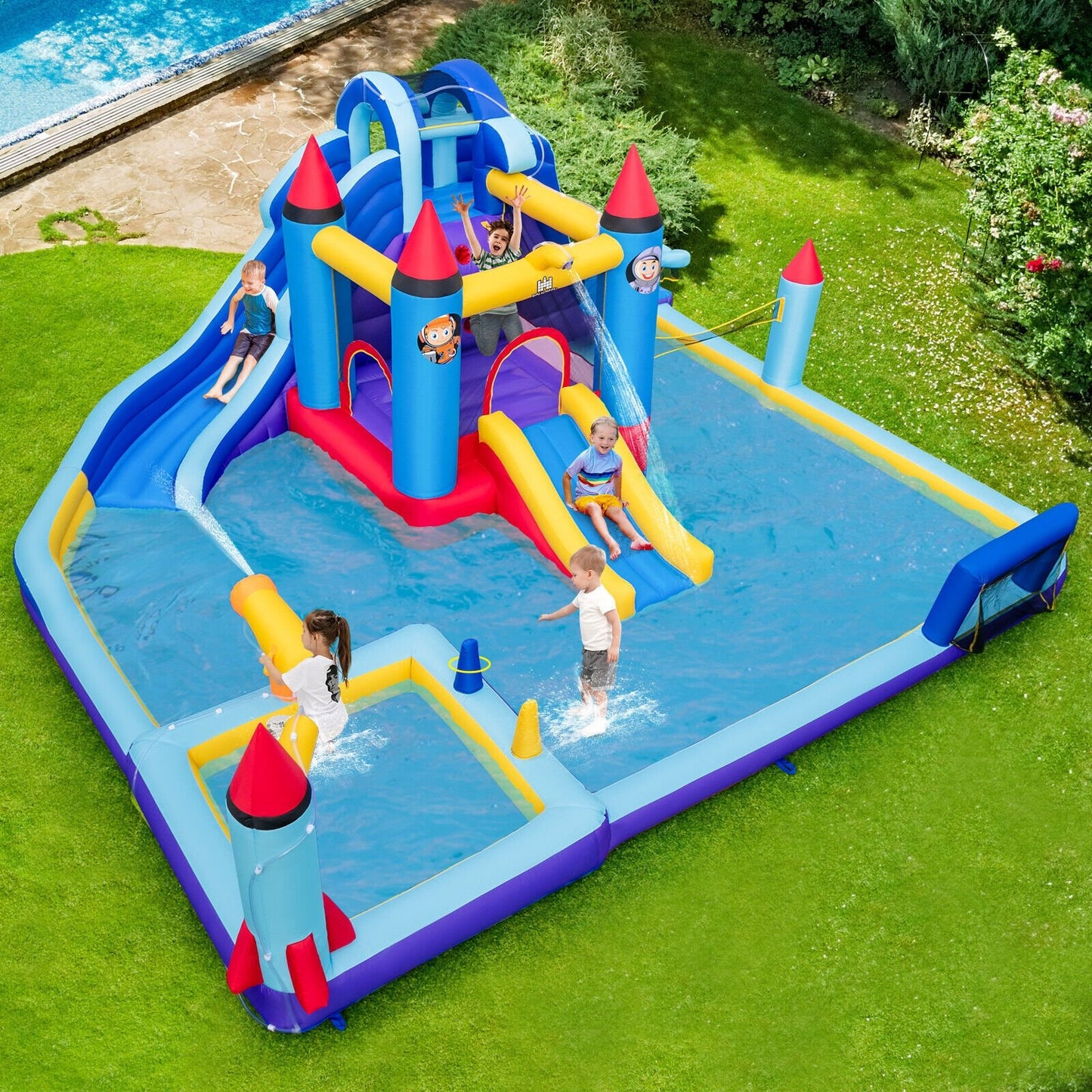 Rocket Theme Inflatable Water Slide Park with 950W Blower, Blue Bounce House   at Gallery Canada