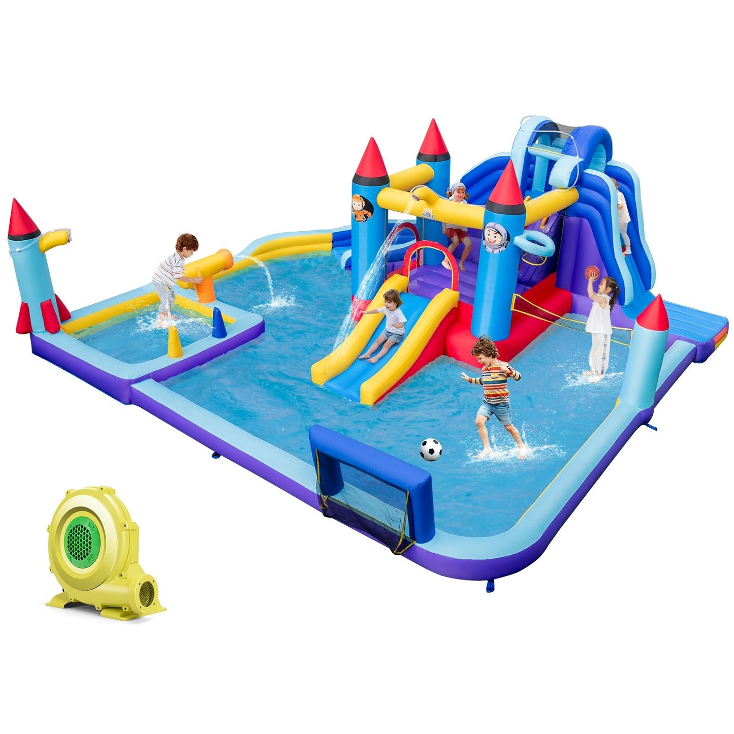 Rocket Theme Inflatable Water Slide Park with 950W Blower, Blue Bounce House   at Gallery Canada