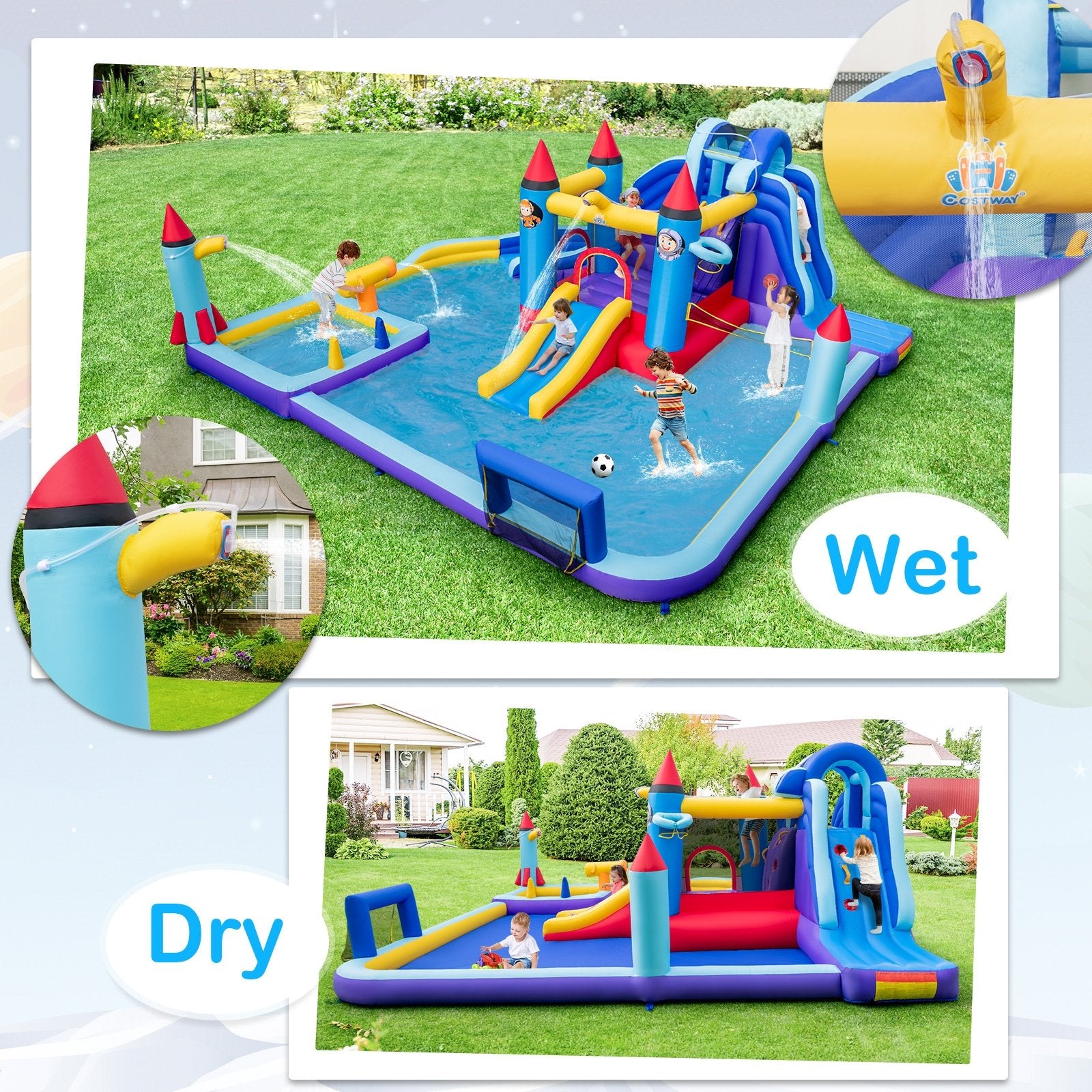 Rocket Theme Inflatable Water Slide Park with 950W Blower, Blue Bounce House   at Gallery Canada