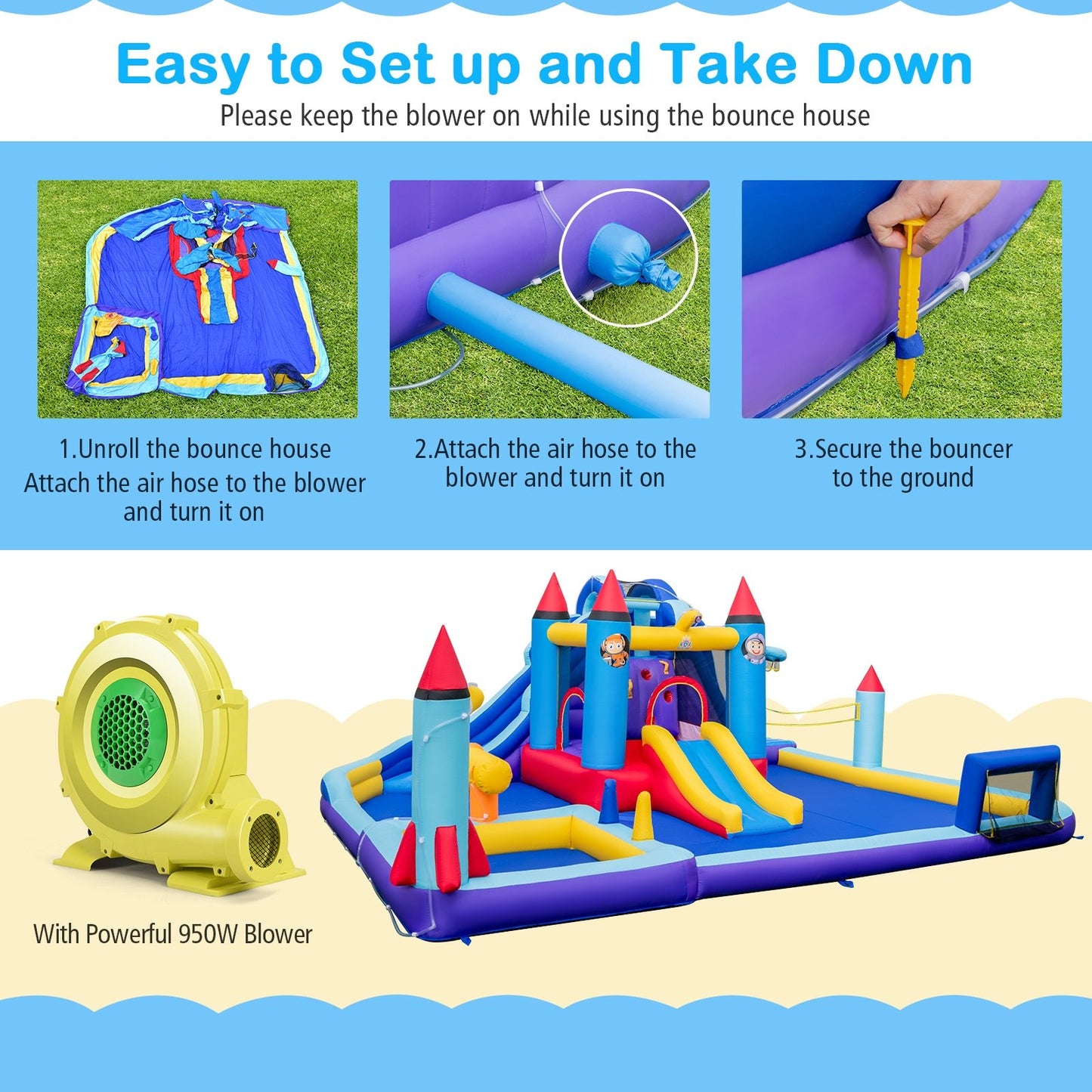 Rocket Theme Inflatable Water Slide Park with 950W Blower, Blue Bounce House   at Gallery Canada