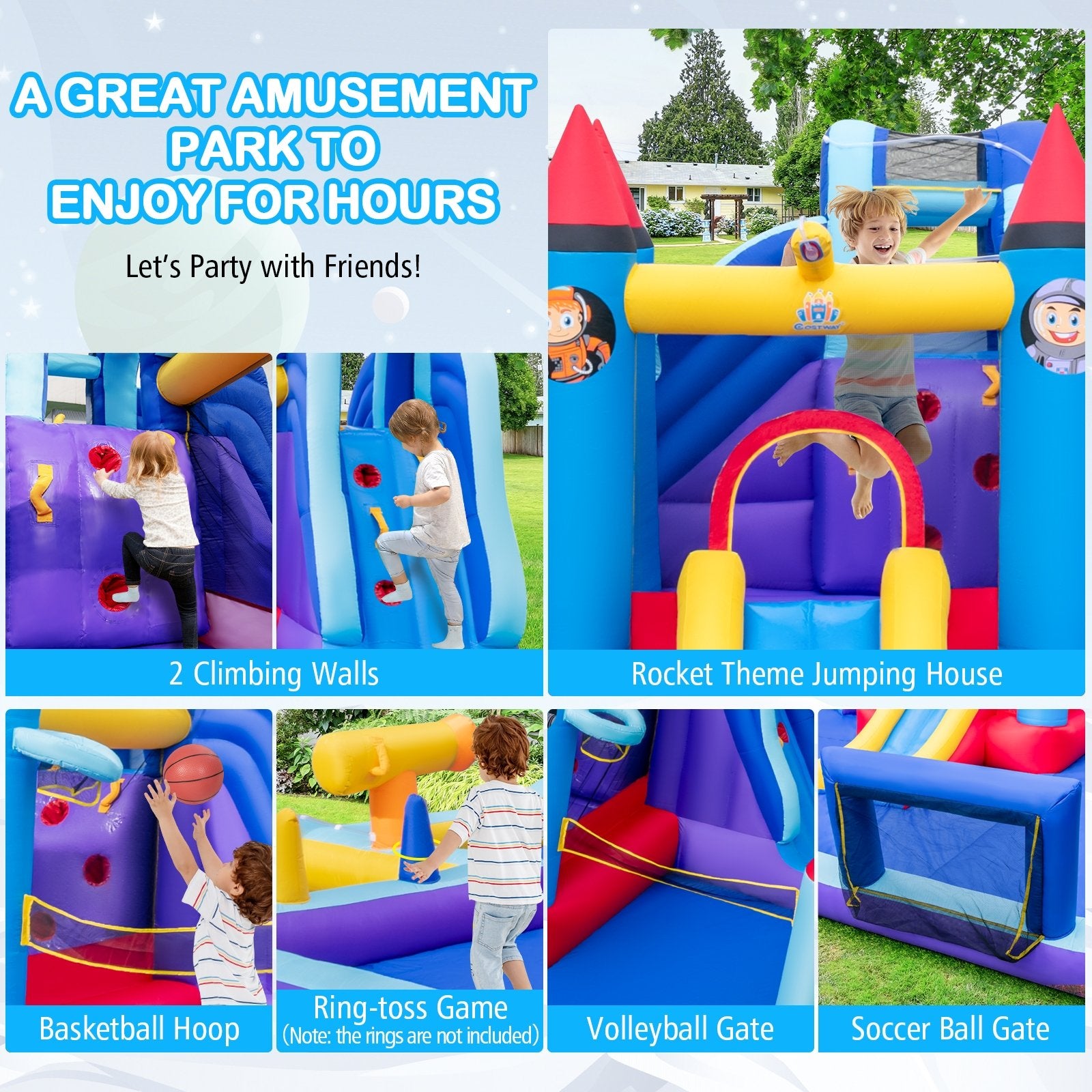 Rocket Theme Inflatable Water Slide Park with 950W Blower, Blue Bounce House   at Gallery Canada