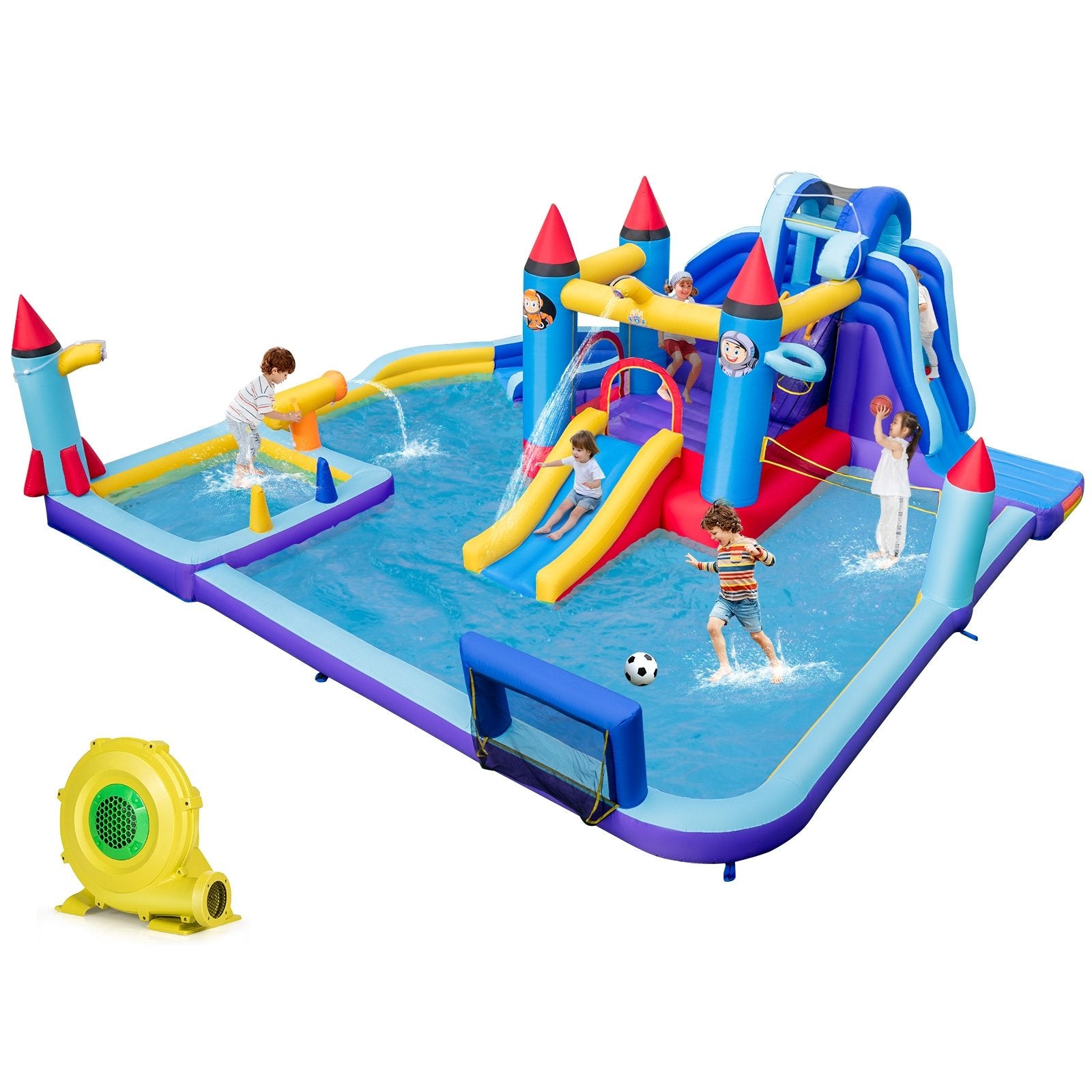 Rocket Theme Inflatable Water Slide Park with 1100W Blower, Blue Bounce House   at Gallery Canada