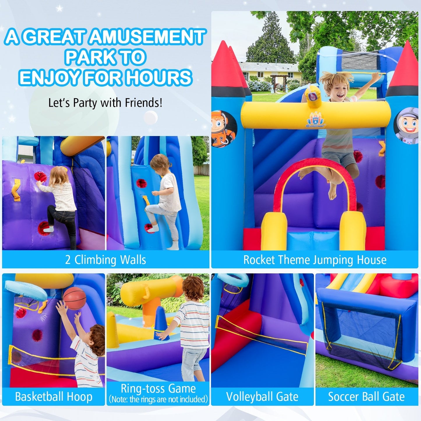 Rocket Theme Inflatable Water Slide Park with 1100W Blower, Blue Bounce House   at Gallery Canada