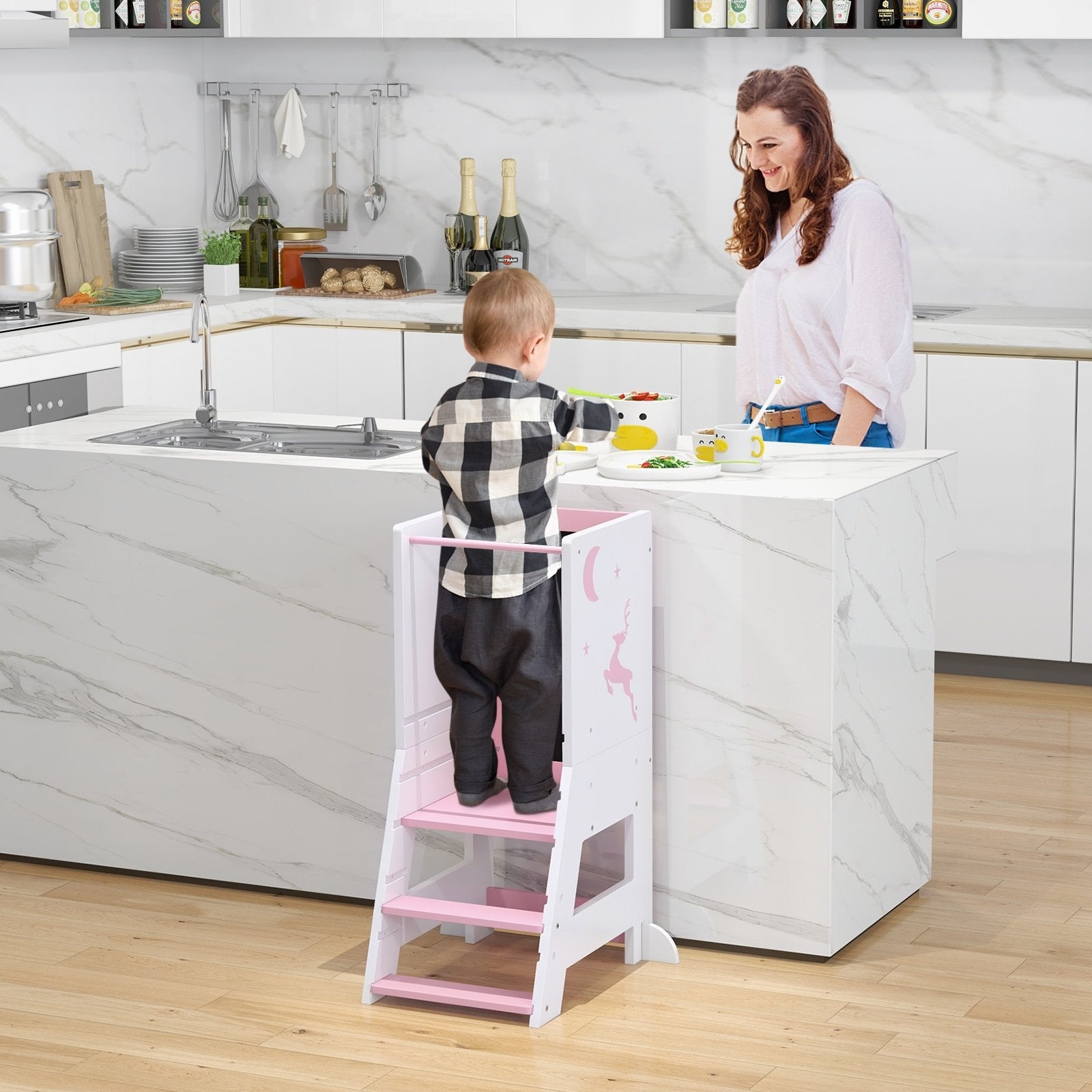 Toddler Kitchen Stool Helper Baby Standing Tower with Chalkboard and Whiteboard, Pink Toddler & Kids Furniture   at Gallery Canada