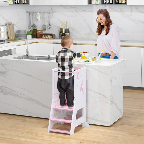 Toddler Kitchen Stool Helper Baby Standing Tower with Chalkboard and Whiteboard, Pink