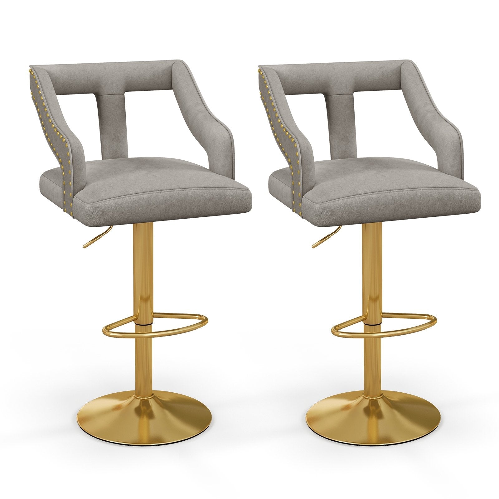 Set of 2 Bar Chairs with Footrest and 2-Layer Electroplated Metal Base, Gray Bar Tables   at Gallery Canada