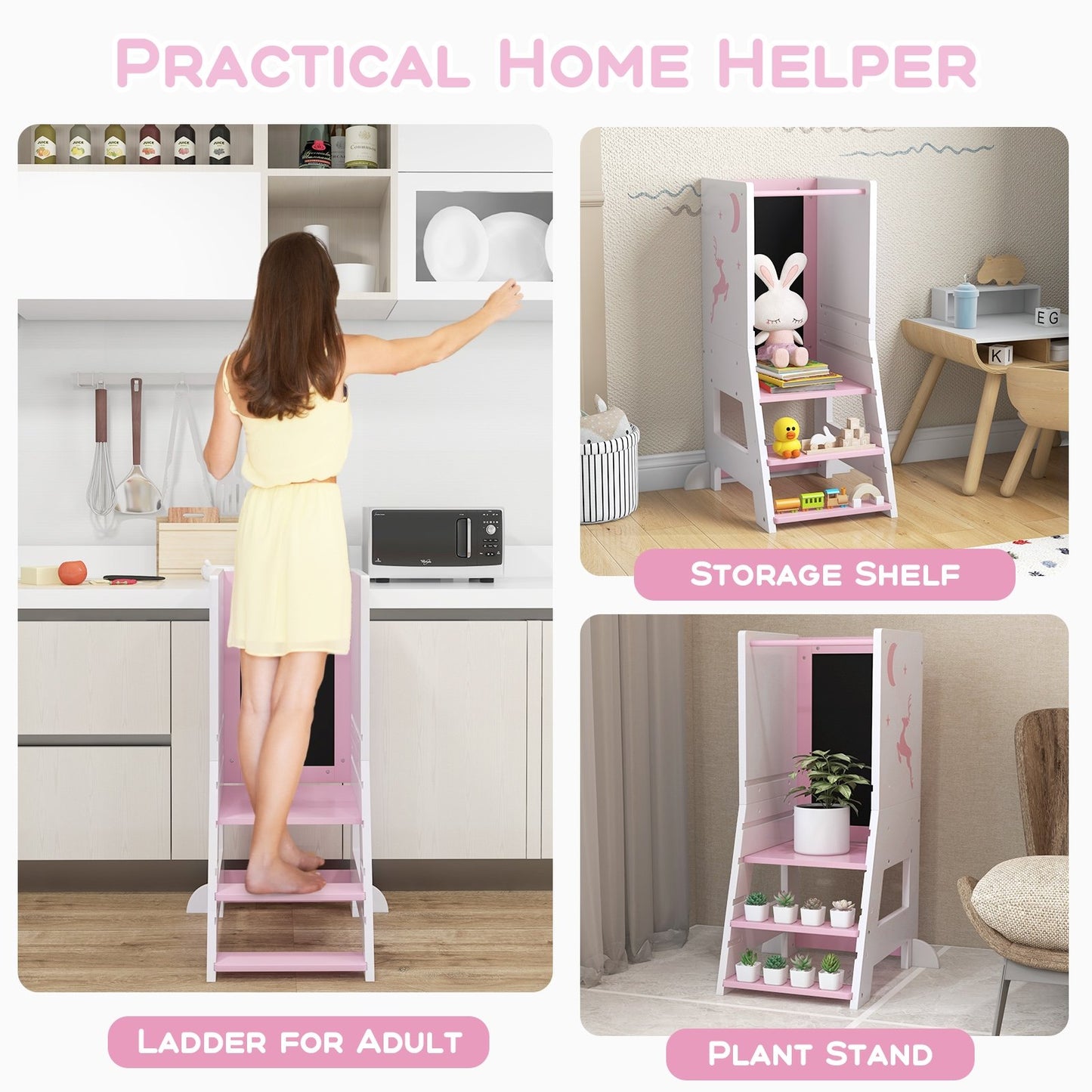 Toddler Kitchen Stool Helper Baby Standing Tower with Chalkboard and Whiteboard, Pink Toddler & Kids Furniture   at Gallery Canada